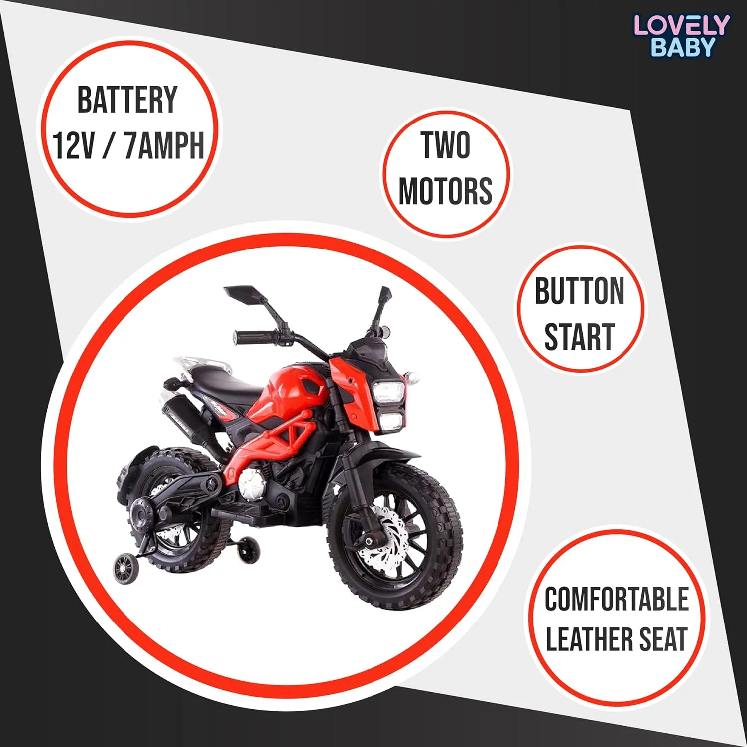 موتور سیکلت شارژی کودک مدل LB 444EL، اسباب بازی سواری با چرخ های کمکی، هدیه نشستنی و رانندگی برای پسران و دختران، بهترین موتور برای 3-7 سال (قرمز)