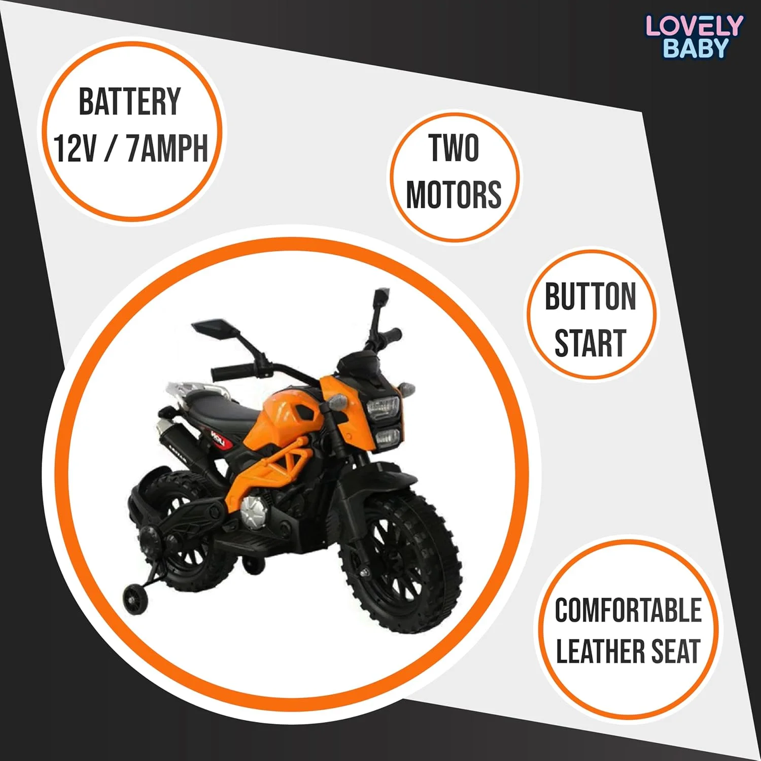 موتور سیکلت شارژی کودک مدل LB 444EL، اسباب بازی سواری برقی با چرخ های کمکی، هدیه نشستنی و رانندگی برای پسران و دختران، بهترین موتور برای 3-7 سال (نارنجی)