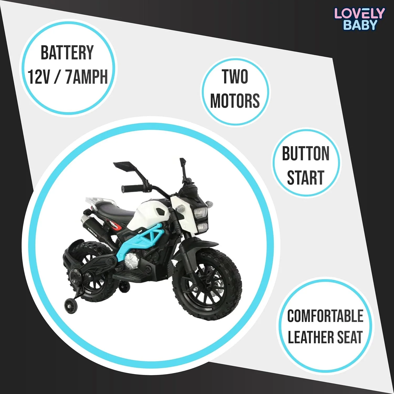 موتور سیکلت شارژی کودک مدل LB 444EL، موتور برقی با چرخ های کمکی، اسباب بازی نشسته و رانندگی هدیه برای پسران و دختران، بهترین موتور برای 3-7 سال (آبی)