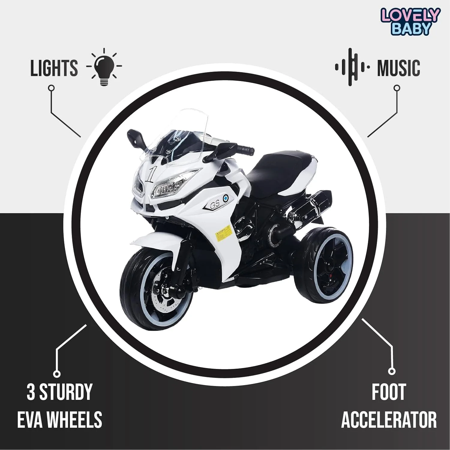 موتور سیکلت شارژی کودک مدل LB 1258EL، موتور بازی با چراغ، موزیک، MP3، سه چرخ، مناسب برای پسران و دختران 2 تا 4 سال (100% مونتاژ شده، سفید) موتور سیکلت شارژی کودک مدل LB 1258EL، موتور بازی با چراغ، موزیک، MP3، سه چرخ، مناسب برای پسران و دختران 2 تا 4 سال (100% مونتاژ شده، سفید)