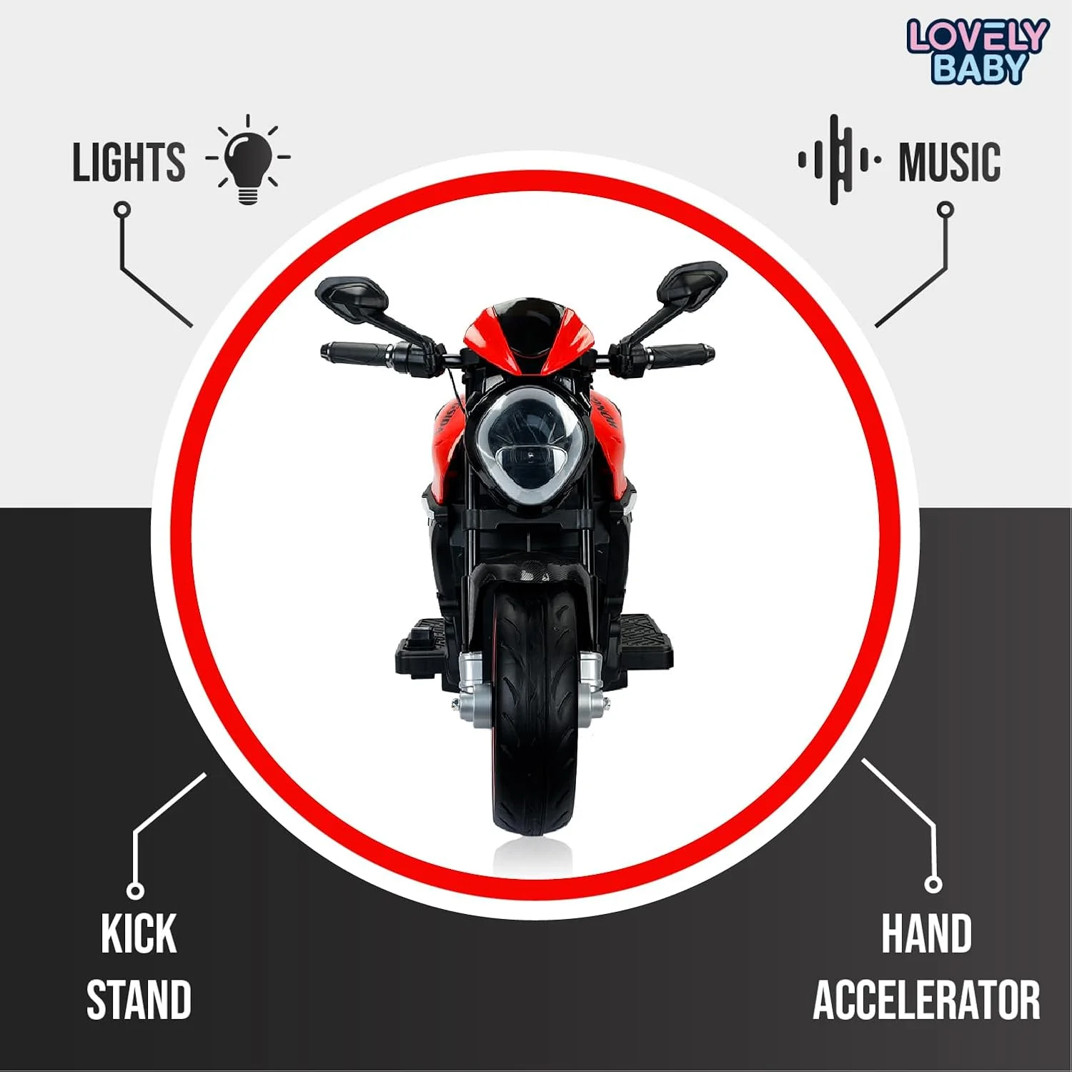 موتورسیکلت سواری قدرتی کودک مدل LB 9030EL، موتور سیکلت کودکانه، دارای چراغ های LED، موزیک، MP3، اهرم گاز دستی، صندلی چرمی، چرخ های EVA، مناسب برای سنین 2-4 سال (100% مونتاژ شده، قرمز)