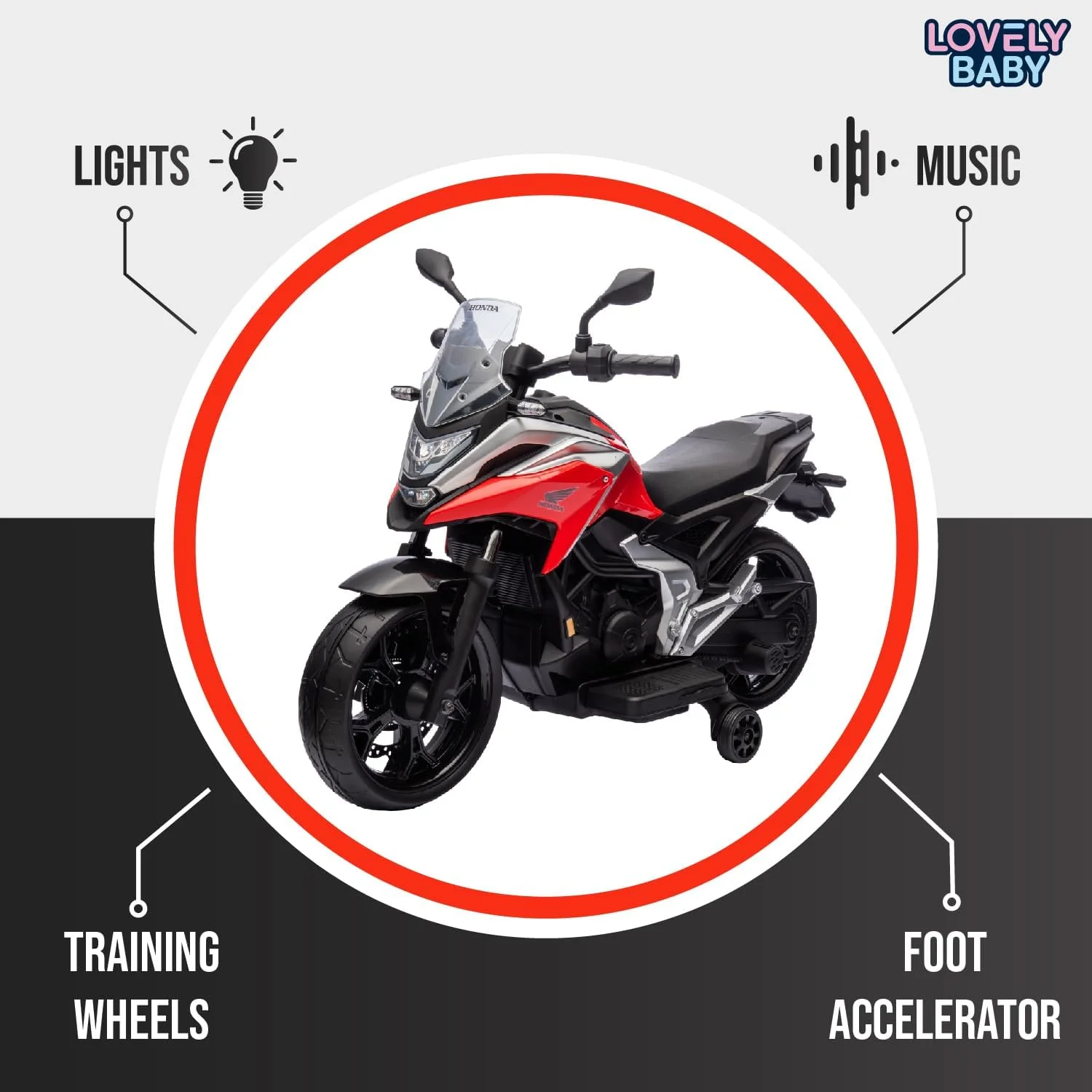 موتور سیکلت قدرتی کودک مدل LB 2006، موتور برقی سواری با چرخ های کمکی، هدیه موتور نشیمن دار برای پسران و دختران، بهترین موتور برای 2-4 سال (100% مونتاژ شده، قرمز)