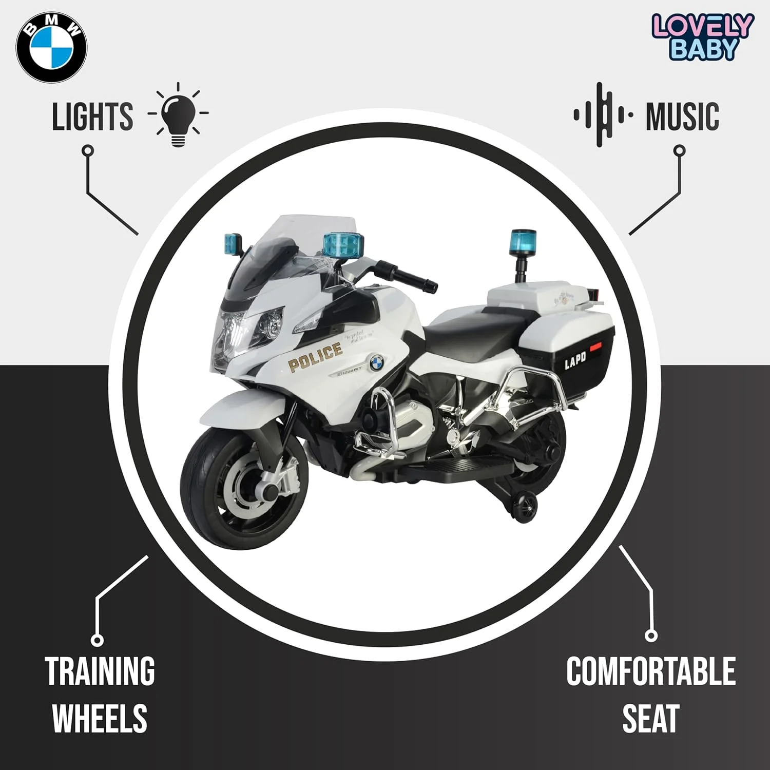 موتور سیکلت سواری کودکانه مدل Lovely Baby LB 212، موتور الکتریکی 12 ولت با صداهای ، چرخ های EVA، استارت با کلید و چرخ های کمکی (مونتاژ شده 100%، سفید)