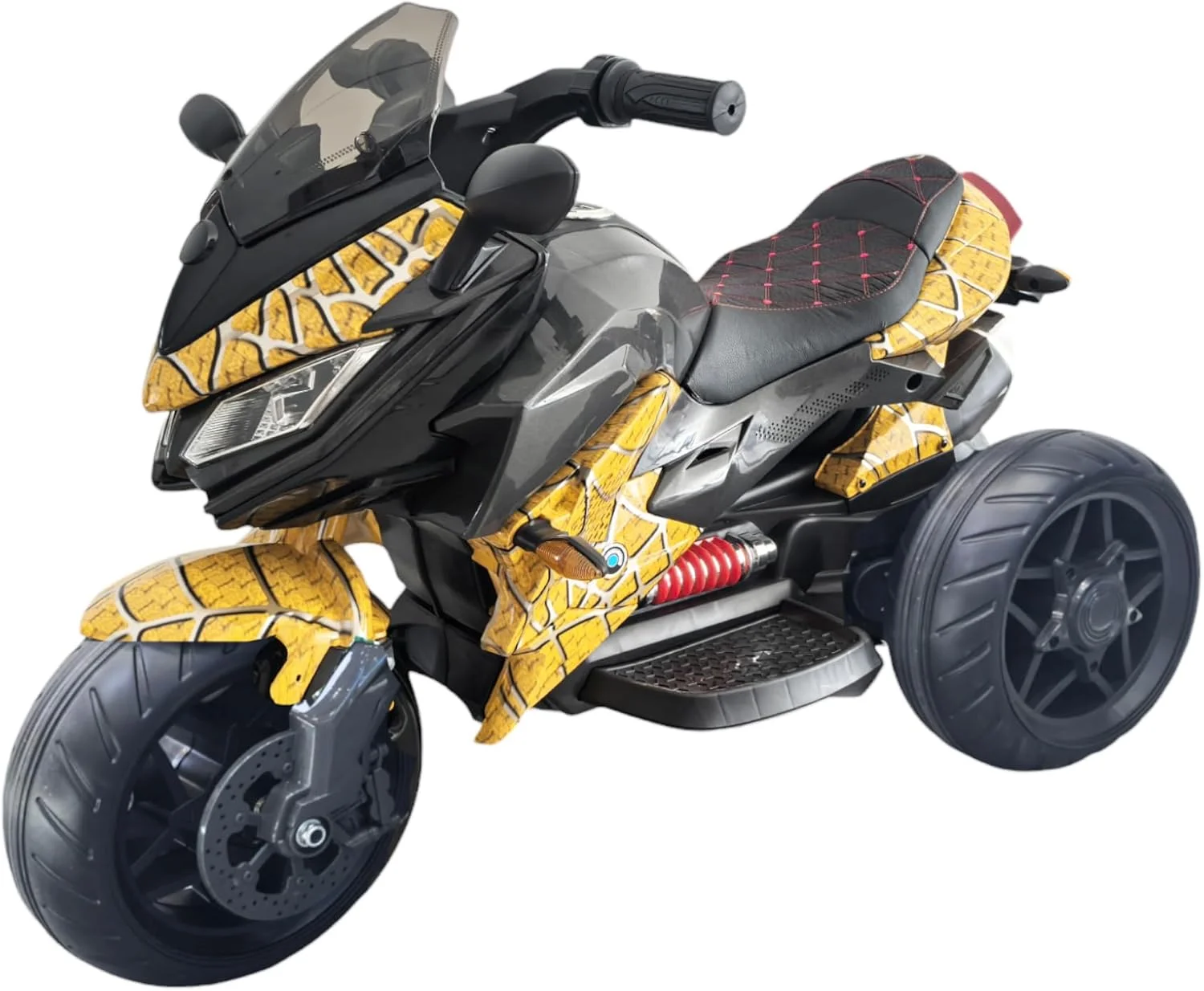 موتور سواری کودکانه Lovely Baby LB 5188DX 12V، صندلی چرمی، چرخ های EVA، اهرم گاز دستی، پخش USB/MP3 و چراغ های LED، دو موتور - سرگرمی سواری برای سنین 2-5 سال (مونتاژ شده %100، زرد عنکبوتی)