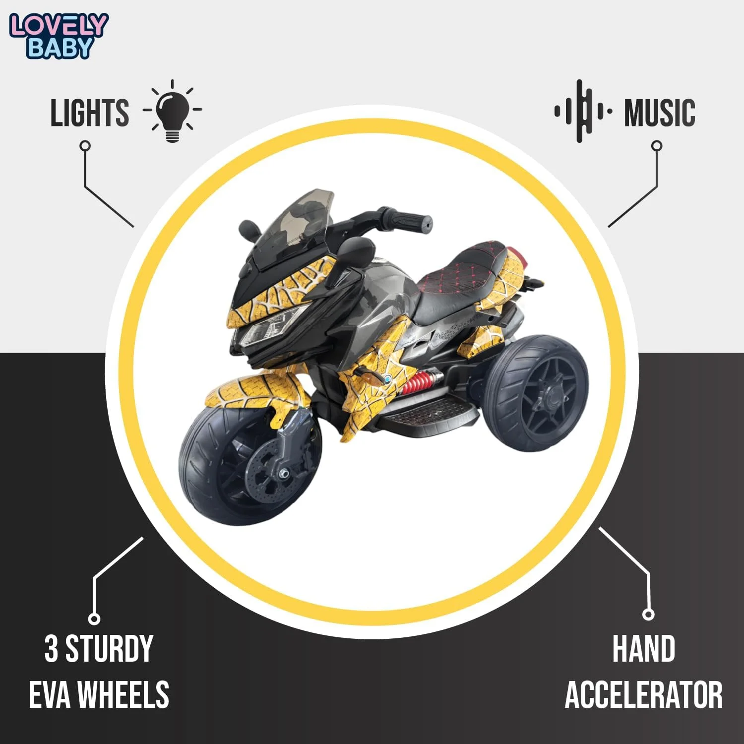 موتور سواری کودکانه Lovely Baby LB 5188DX 12V، صندلی چرمی، چرخ های EVA، اهرم گاز دستی، پخش USB/MP3 و چراغ های LED، دو موتور - سرگرمی سواری برای سنین 2-5 سال (مونتاژ شده %100، زرد عنکبوتی)