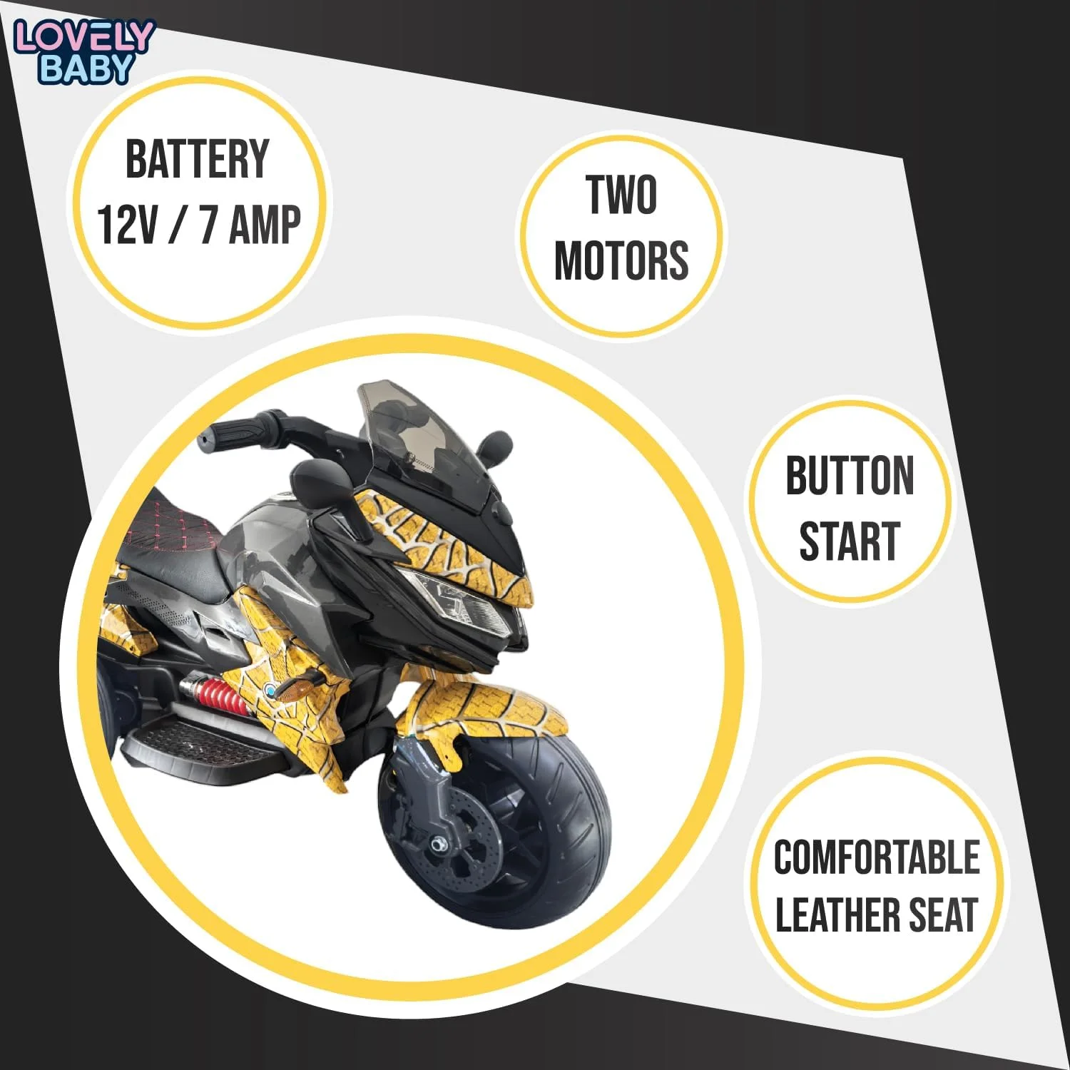 موتور سواری کودکانه Lovely Baby LB 5188DX 12V، صندلی چرمی، چرخ های EVA، اهرم گاز دستی، پخش USB/MP3 و چراغ های LED، دو موتور - سرگرمی سواری برای سنین 2-5 سال (مونتاژ شده %100، زرد عنکبوتی)