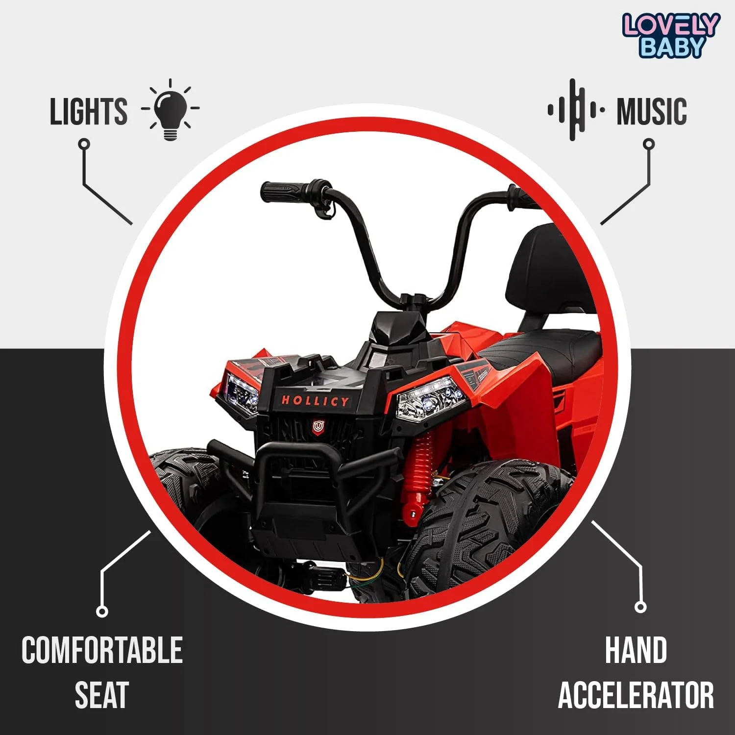 موتور چهار چرخ کودکانه دوست داشتنی مدل LB 808E، موتور سواری چهار چرخ، موتور برقی با باتری 24 ولت، هدیه وسیله نقلیه آفرود برای کودکان تا 15 سال (100% مونتاژ شده، قرمز)