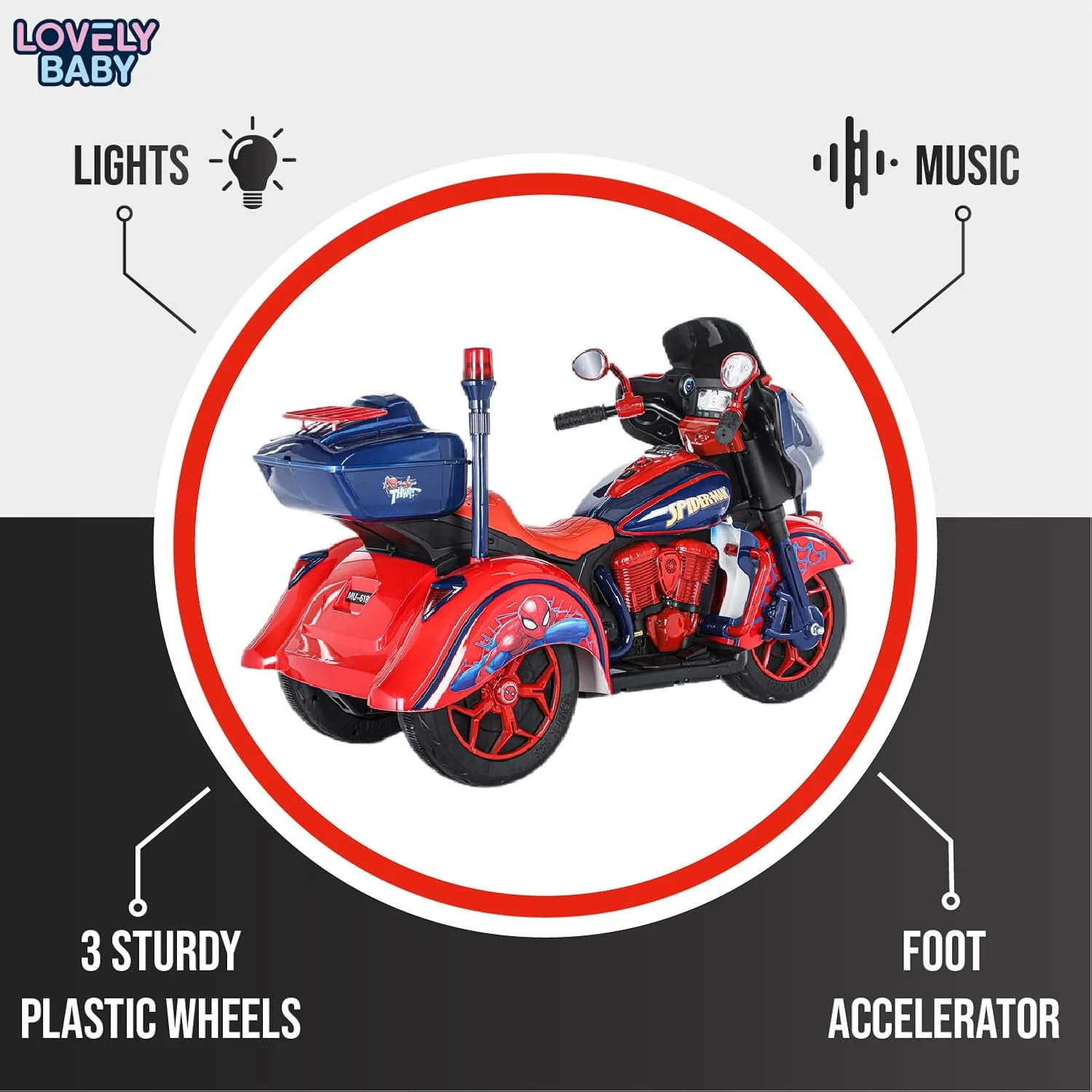 موتور سیکلت سه چرخ شارژی کودک مدل Lovely Baby LB 8008 (M2)، باتری 12 ولت، پدال گاز، چراغ، MP3/USB، مناسب برای سنین 2 تا 4 سال (100% مونتاژ شده، صورتی)