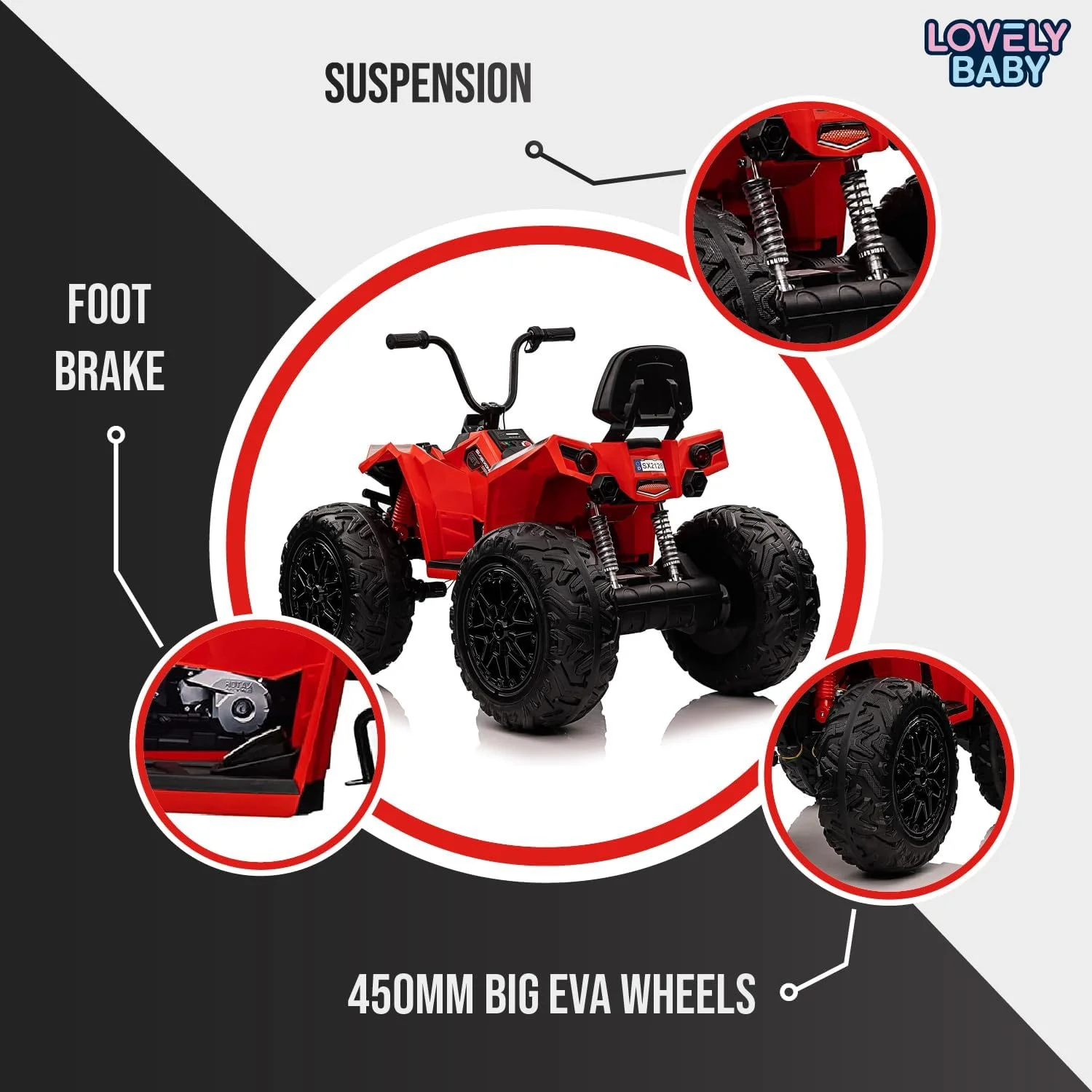 موتور چهار چرخ کودکانه دوست داشتنی مدل LB 808E، موتور سواری چهار چرخ، موتور برقی با باتری 24 ولت، هدیه وسیله نقلیه آفرود برای کودکان تا 15 سال (100% مونتاژ شده، قرمز)