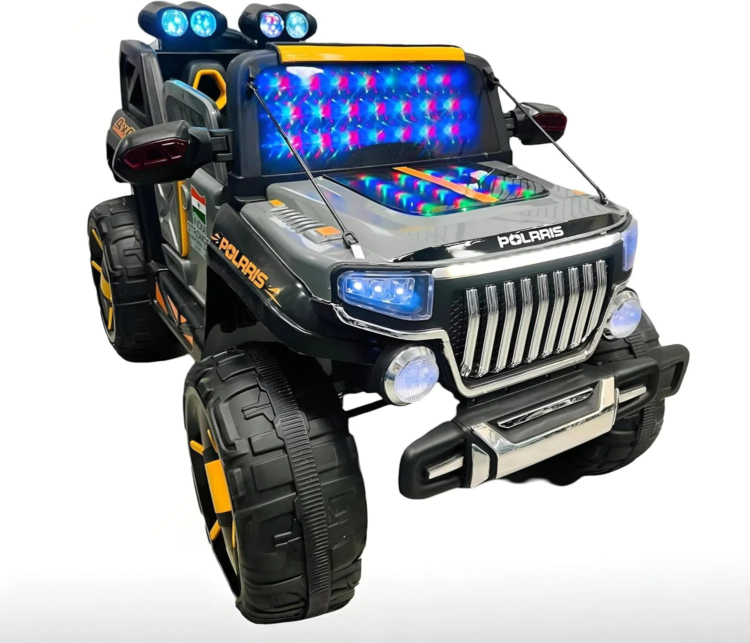 ماشین جیپ سواری کودکانه پولاریس با باتری 12 ولت - ماشین برقی کودک با کنترل از راه دور، چراغ های ال ای دی، موسیقی، USB، چرخ های بزرگ - اسباب بازی شاسی بلند آفرود برای پسران و دختران (خاکستری و زرد)