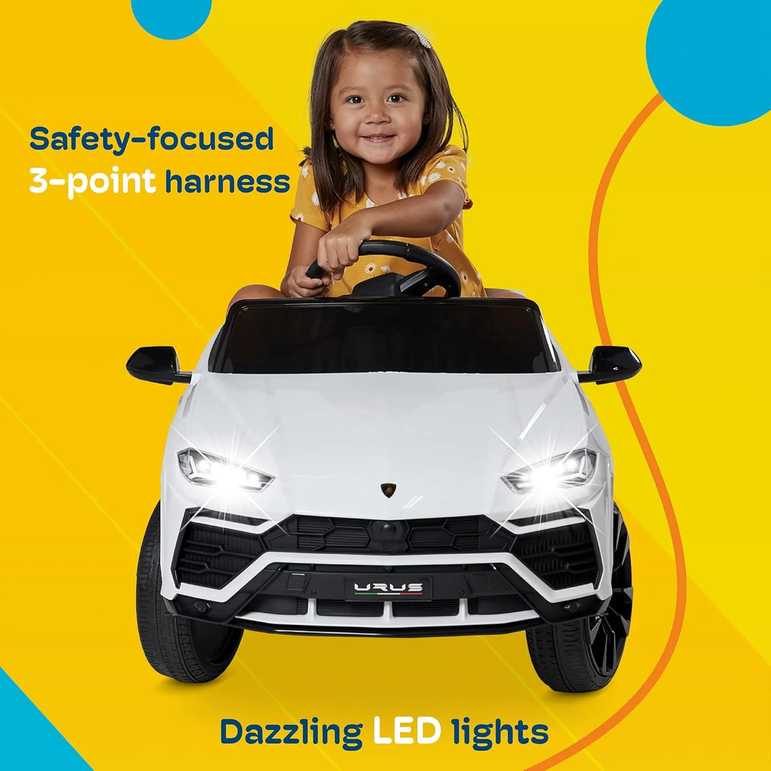 ماشین سواری کودکانه کیدزون، لامبورگینی URUS، اسباب بازی برقی 12 ولت به همراه کنترل از راه دور والدین، بوق، رادیو، پورت، AUX، سیستم تعلیق فنری، درب بازشو، چراغ LED - آبی