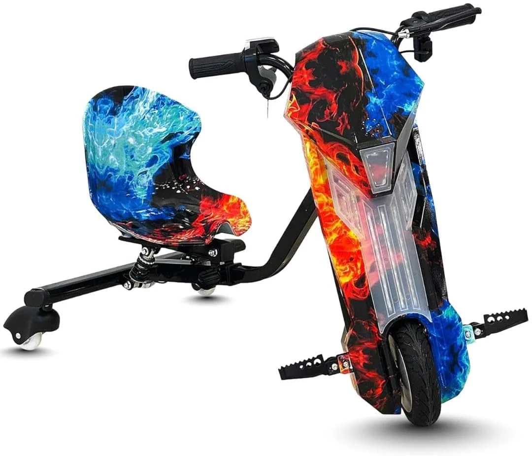 اسکوتر دریفت برقی 36 ولت کودکانه – سه چرخه دریفت سه چرخ با نمایشگر LCD | چرخ های لاستیکی | طراحی هنری کمیک | اسباب بازی سواری برای پسران و دختران | آبی