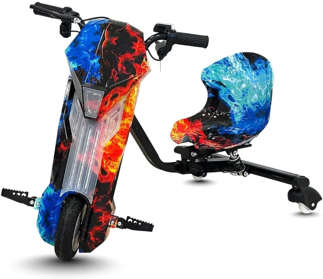 اسکوتر دریفت برقی 36 ولت کودکانه – سه چرخه دریفت سه چرخ با نمایشگر LCD | چرخ های لاستیکی | طراحی هنری کمیک | اسباب بازی سواری برای پسران و دختران | آبی