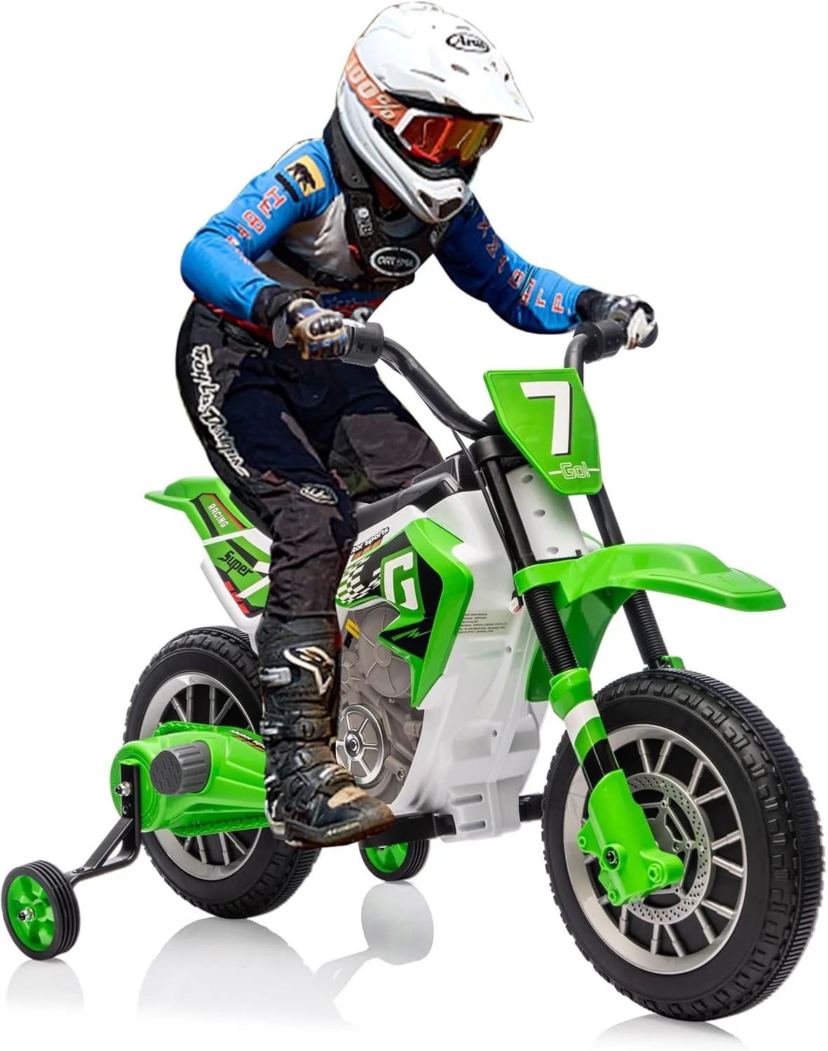 موتورسیکلت آفرود کودکانه JOYLDIAS، موتور سیکلت سواری با باتری 12V7AH برای کودکان، موتور سیکلت خیابانی آفرود با چرخ های آموزشی، سیستم تعلیق فنری، سرعت های بالا/پایین، سبز
