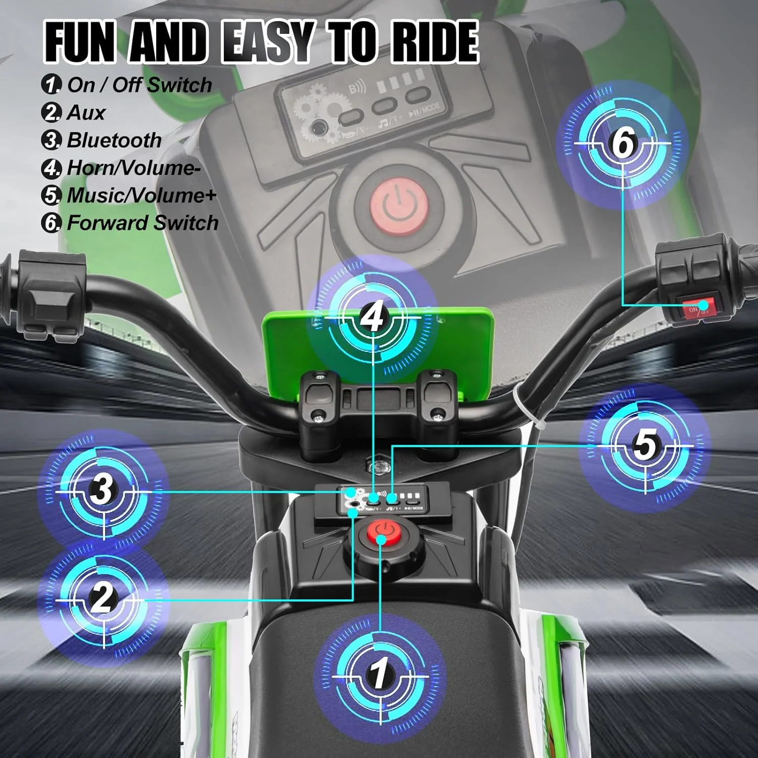 موتورسیکلت آفرود کودکانه JOYLDIAS، موتور سیکلت سواری با باتری 12V7AH برای کودکان، موتور سیکلت خیابانی آفرود با چرخ های آموزشی، سیستم تعلیق فنری، سرعت های بالا/پایین، سبز