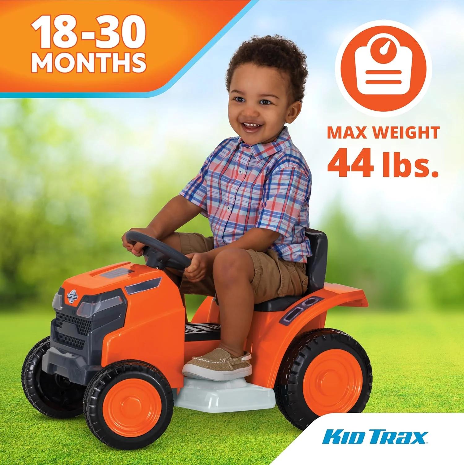 اسباب بازی ماشین چمن زنی کودکانه Mow & Go Kid Trax، 6 ولت، مناسب کودکان 1.5 تا 2.5 سال، حداکثر وزن 20 کیلوگرم، نارنجی
