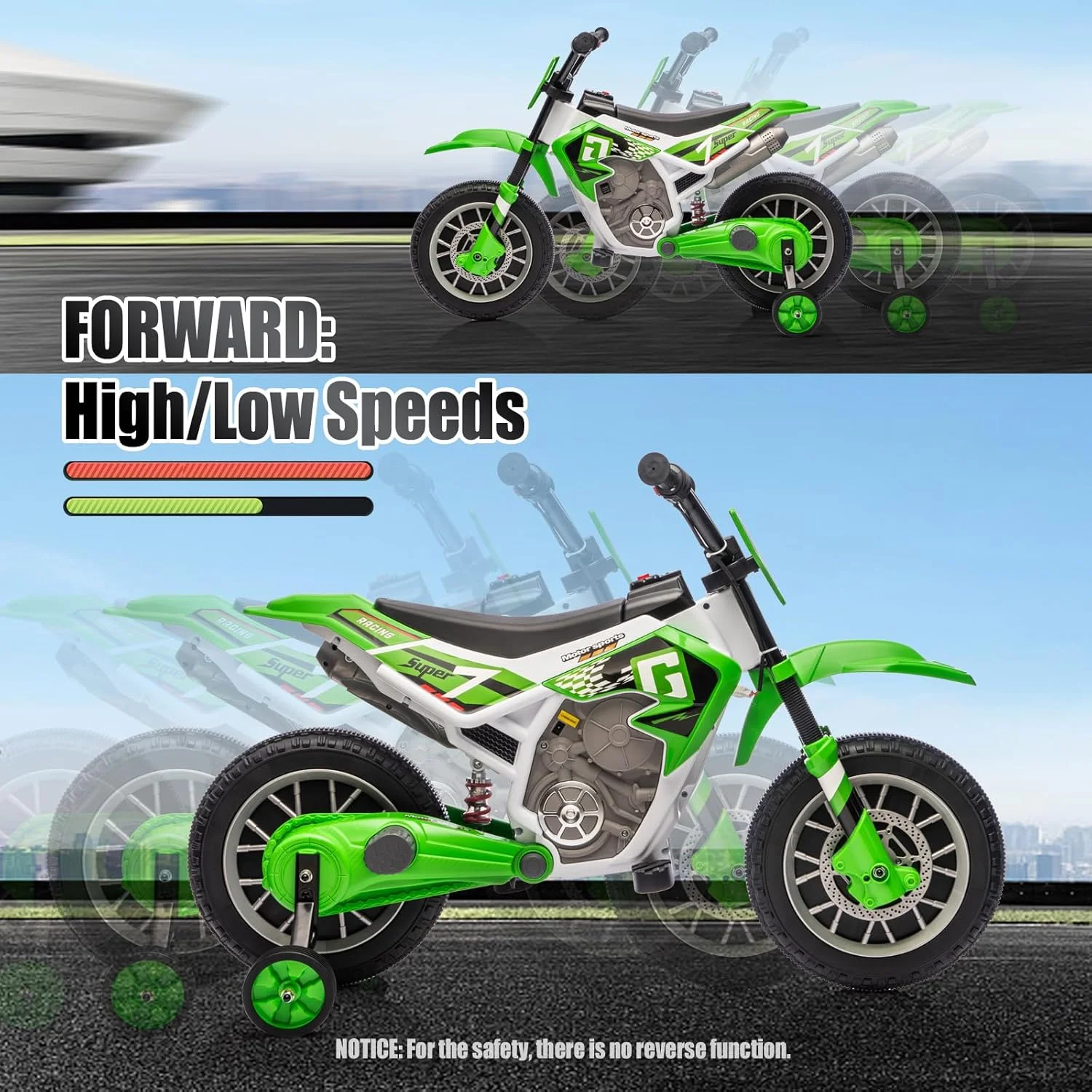 موتورسیکلت آفرود کودکانه JOYLDIAS، موتور سیکلت سواری با باتری 12V7AH برای کودکان، موتور سیکلت خیابانی آفرود با چرخ های آموزشی، سیستم تعلیق فنری، سرعت های بالا/پایین، سبز