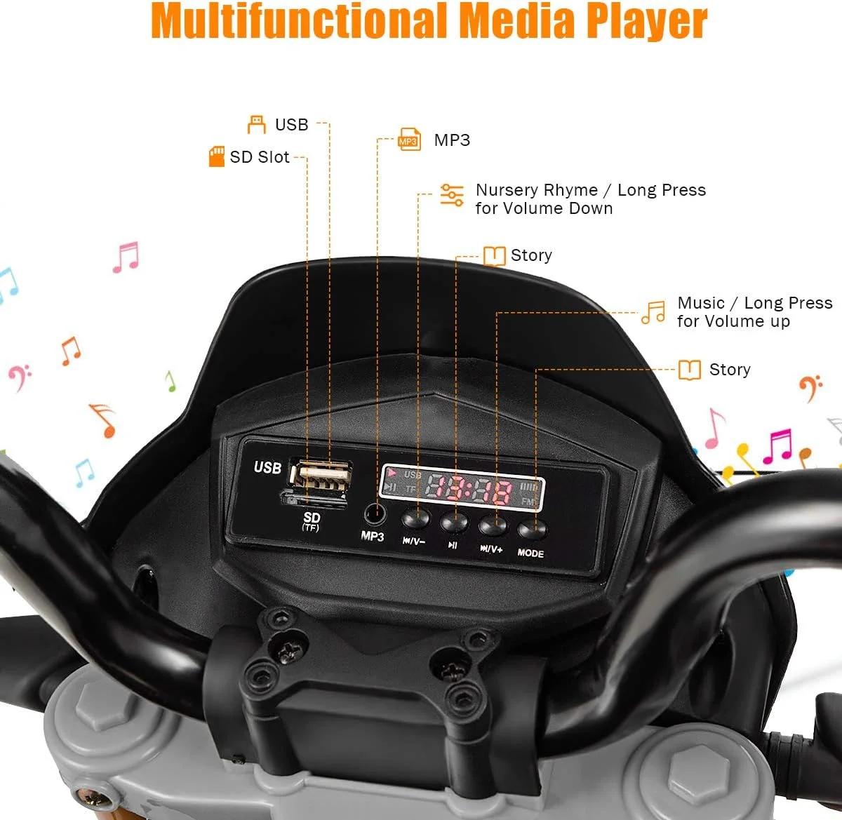 موتور سیکلت کودکانه هانی جوی، موتور سیکلت سواری با باتری 12 ولت دارای مجوز آپریلیا به همراه چرخ های آموزشی، چراغ جلو و موسیقی، پدال پا، سیستم تعلیق فنری، موتور سیکلت برقی برای پسران و دختران 2-8 سال (مشکی)