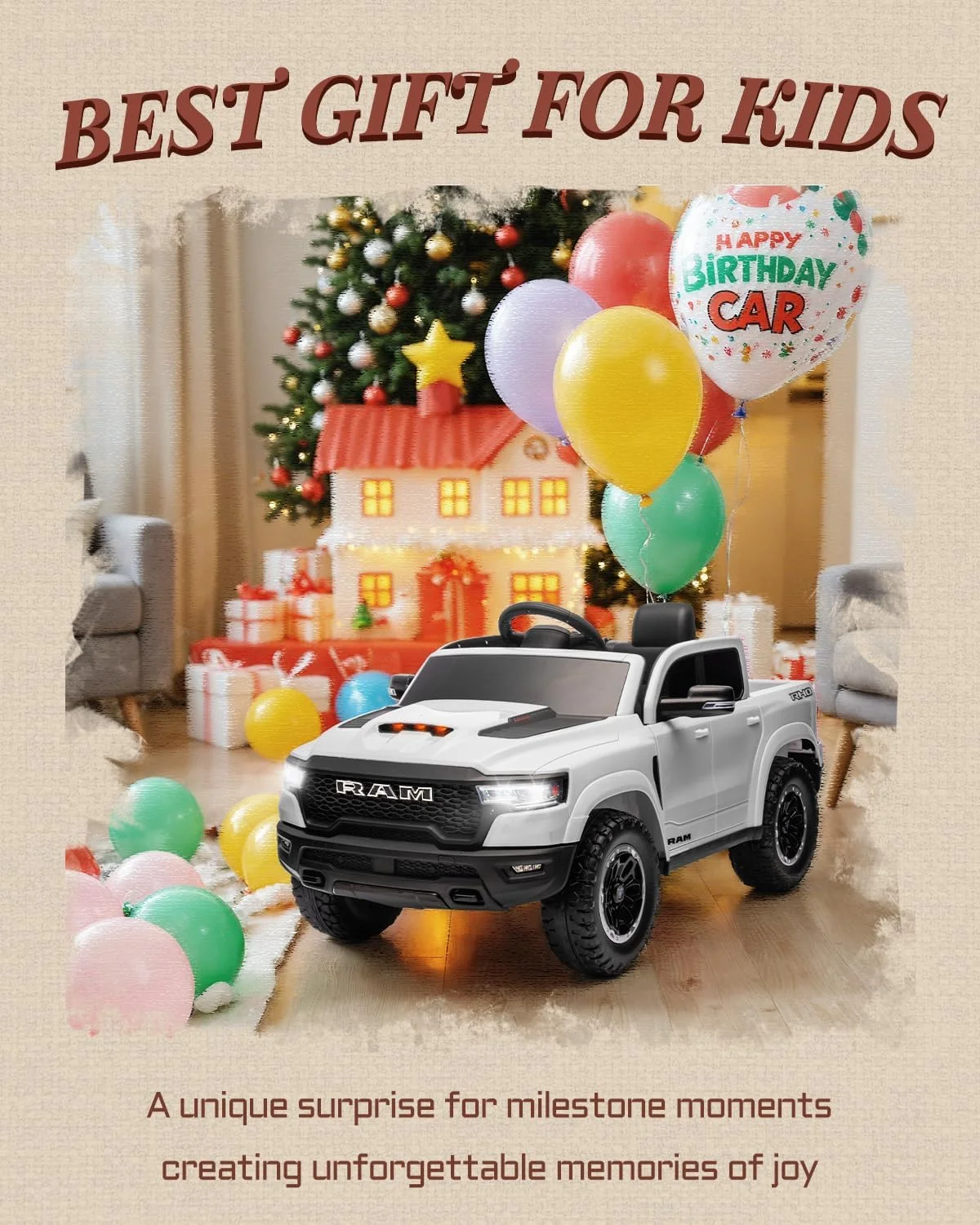 ماشین بازی سواری مدل Ram 1500 Rho 12v برای کودکان، ماشین الکتریکی با کنترل از راه دور، کامیون اسباب بازی سواری برای کودکان نوپا با محفظه بار، شروع نرم، موسیقی، بلوتوث (سفید)