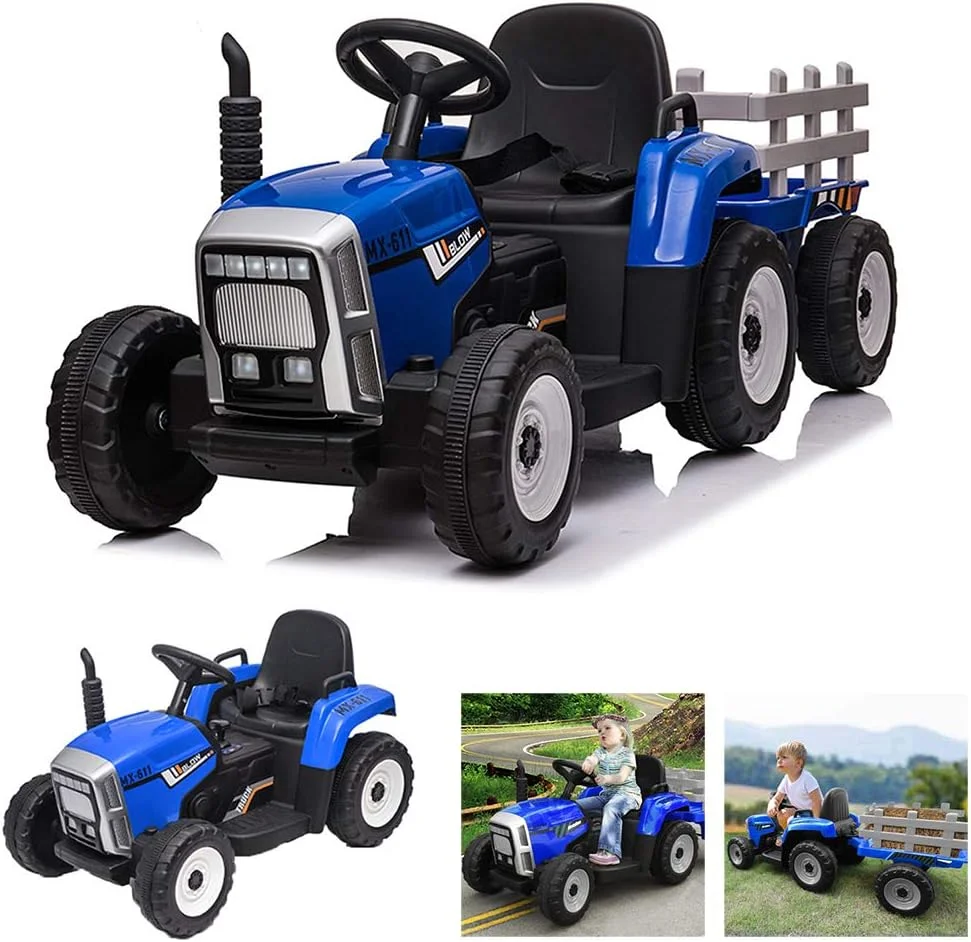 تراکتور سواری کودک با تریلر، ماشین اسباب بازی برقی با باتری، دارای 3 دنده، لودر، چراغ های LED، پورت USB و بوق، آبی
