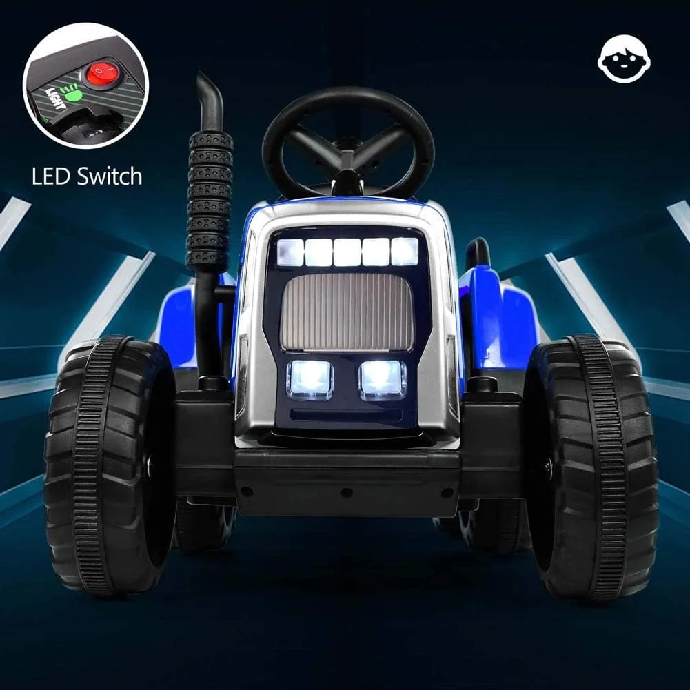 تراکتور سواری کودک با تریلر، ماشین اسباب بازی برقی با باتری، دارای 3 دنده، لودر، چراغ های LED، پورت USB و بوق، آبی