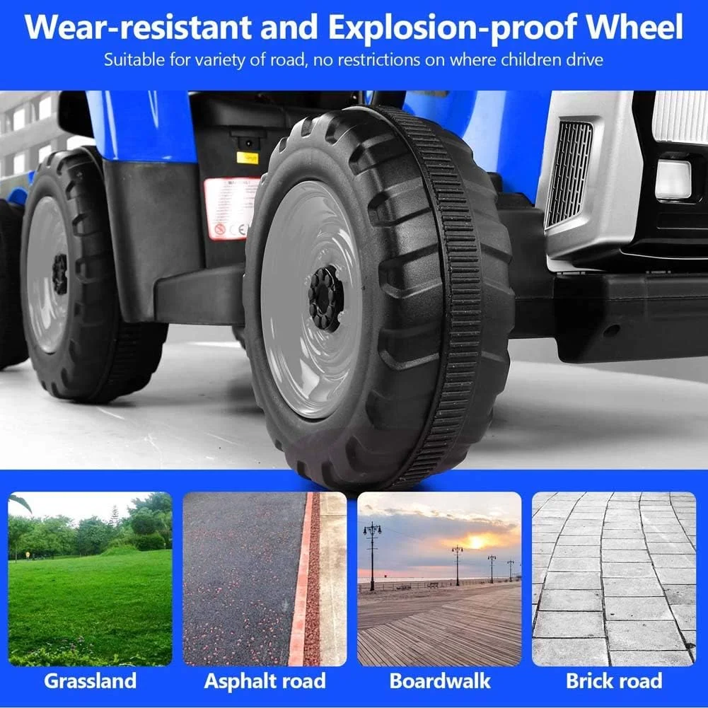 تراکتور سواری کودک با تریلر، ماشین اسباب بازی برقی با باتری، دارای 3 دنده، لودر، چراغ های LED، پورت USB و بوق، آبی