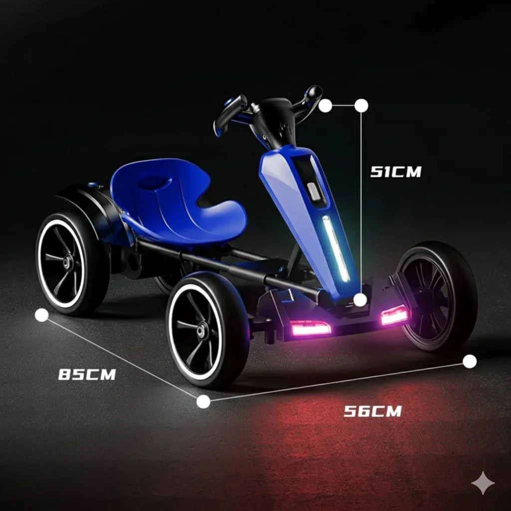 ماشین کارتینگ برقی FIETS، اسباب بازی سواری 4 چرخ با کنترل از راه دور، چراغ های LED، طراحی تاشو، موتورهای دوگانه 12 ولت، برای سنین 3-7 سال (آبی)