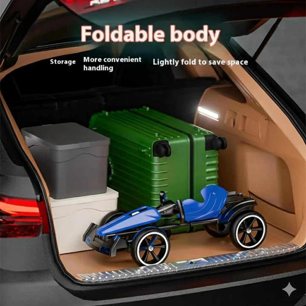 ماشین کارتینگ برقی FIETS، اسباب بازی سواری 4 چرخ با کنترل از راه دور، چراغ های LED، طراحی تاشو، موتورهای دوگانه 12 ولت، برای سنین 3-7 سال (آبی)