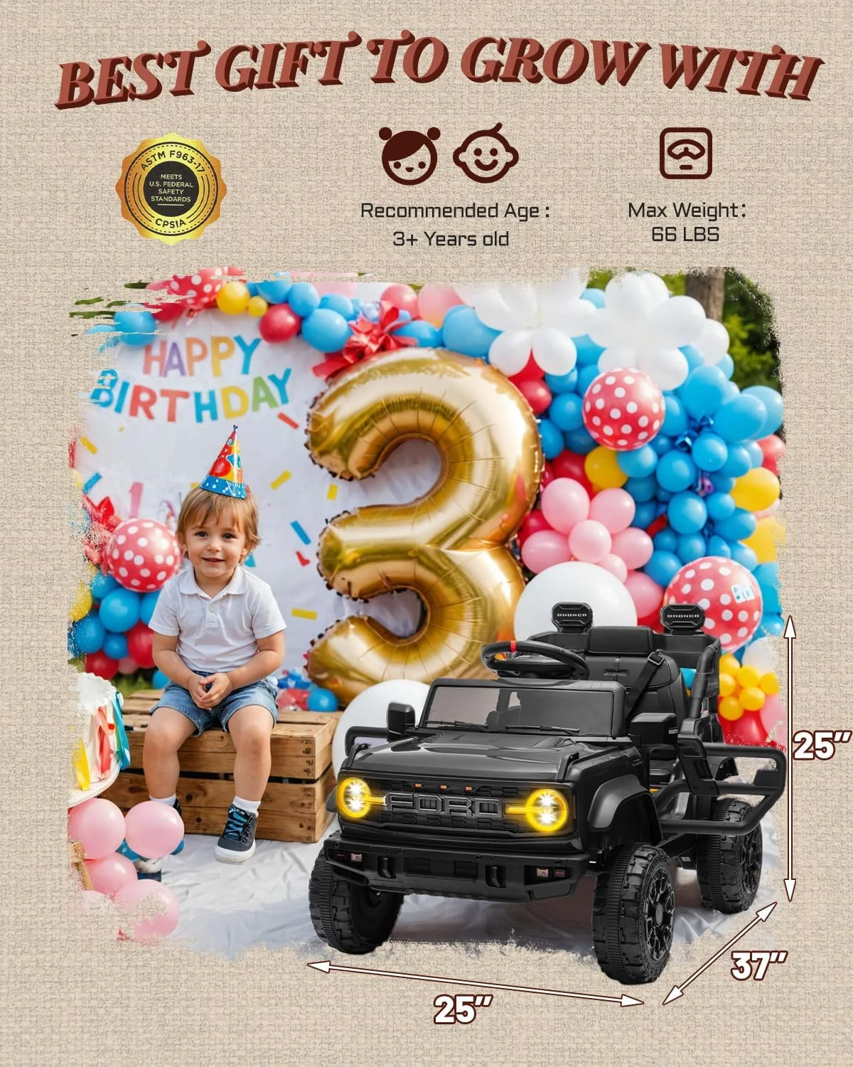 ماشین بازی سواری فورد برونکو رپتور دارای مجوز برای کودکان، ماشین های الکتریکی کودکانه، ماشین باتری خور کودک نوپا با درهای دوتایی، کمربند ایمنی 3 نقطه ای، چراغ های ال ای دی (12 ولت، مشکی)