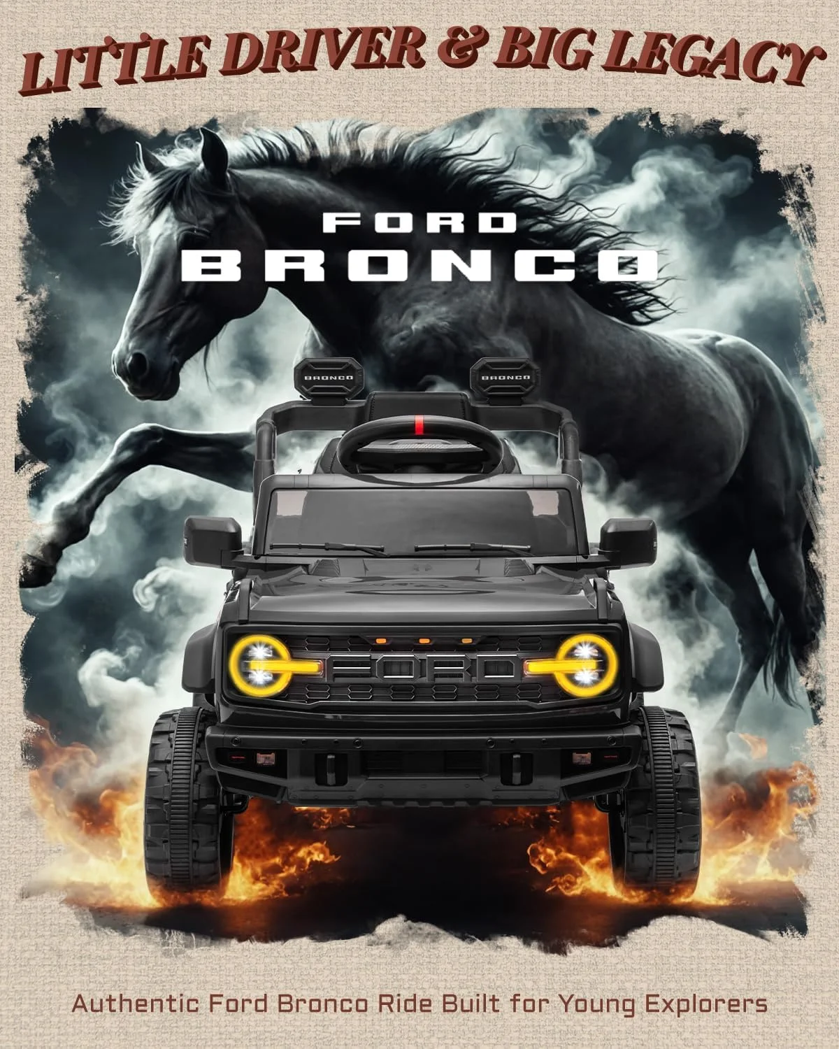 ماشین بازی سواری فورد برونکو رپتور دارای مجوز برای کودکان، ماشین های الکتریکی کودکانه، ماشین باتری خور کودک نوپا با درهای دوتایی، کمربند ایمنی 3 نقطه ای، چراغ های ال ای دی (12 ولت، مشکی)