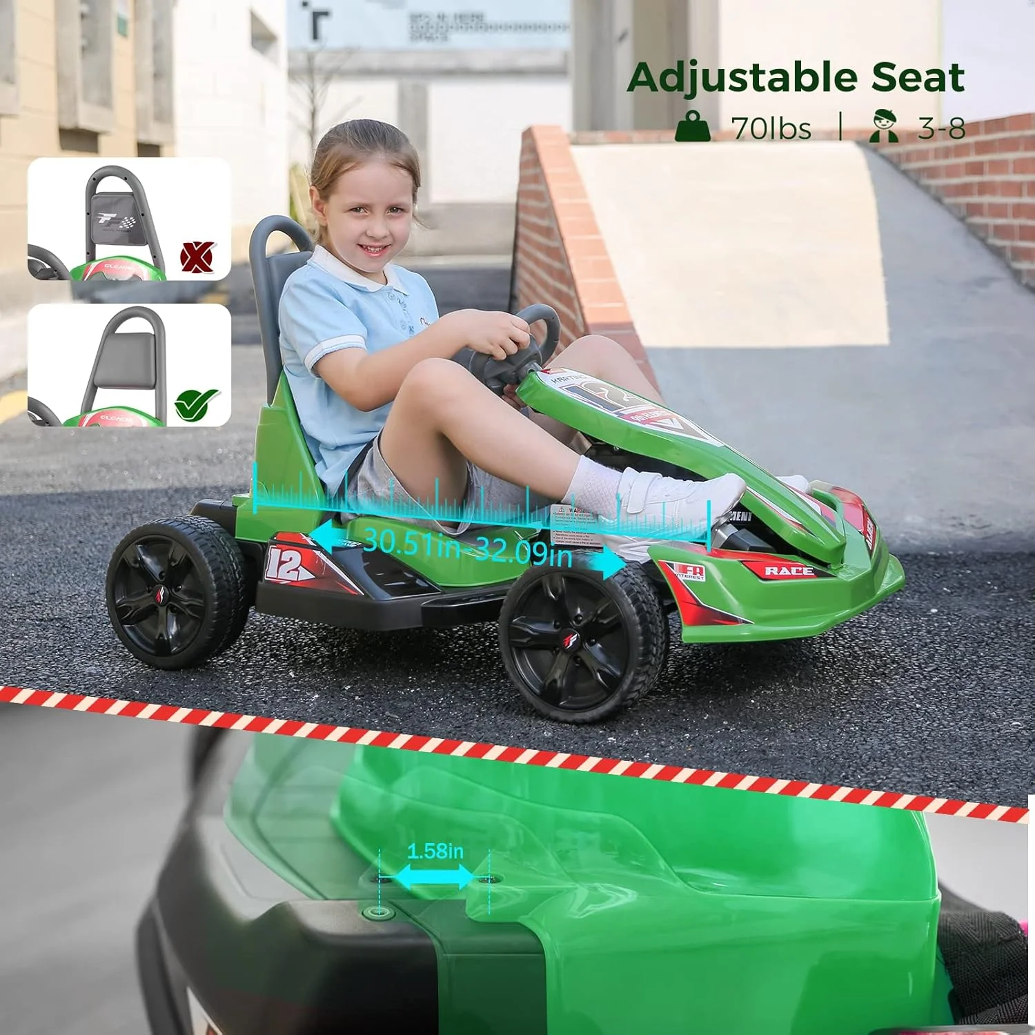 ماشین کارتینگ برقی کودک المارا، ماشین سواری ۱۲ ولت دو چرخ متحرک با کنترل از راه دور والدین برای پسران و دختران، هدیه اسباب بازی نقلیه با صندلی قابل تنظیم، کمربند ایمنی، MP3، بوق، موسیقی برای سنین ۳-۸ سال، سبز