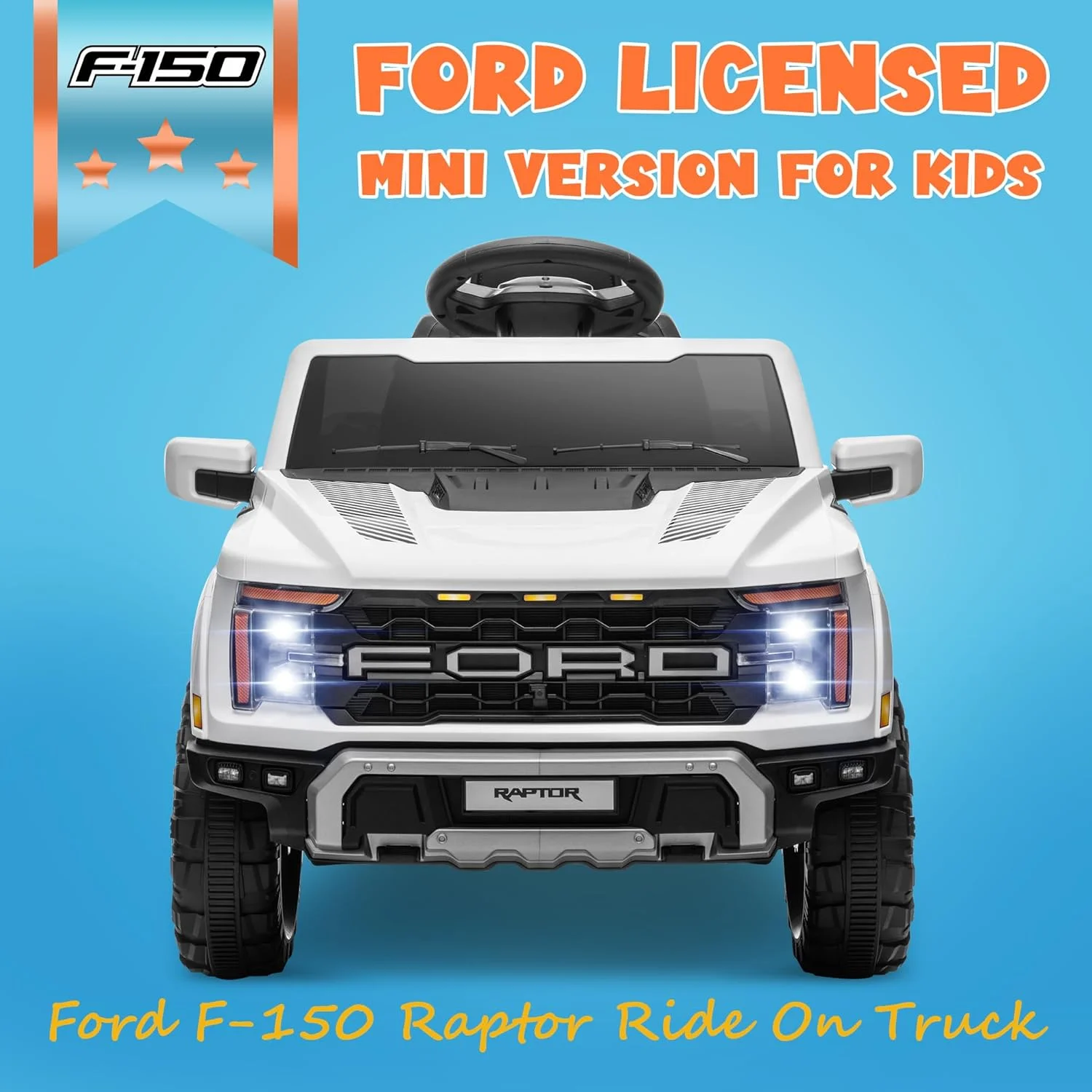 ماشین بازی فورد F-150 رپتور برقی 12 ولت ENYOPRO مناسب کودکان، کامیون سواری کودکانه با کنترل از راه دور، اسباب بازی سواری کودکانه با چراغ های LED، بلوتوث، رادیو، کمربند ایمنی، شروع نرم، فضای ذخیره سازی عقب (سفید)