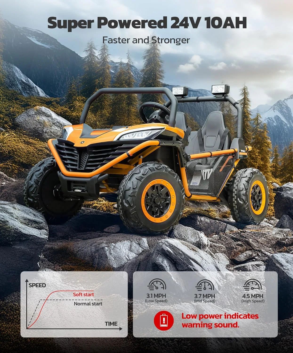 ماشین بازی دو نفره بزرگ ELEMARA 24V برای کودکان با کنترل از راه دور، UTV برقی آفرود با باتری 10AH، اسباب بازی وسیله نقلیه برقی 4WD با سرعت 4.5 مایل در ساعت، حداکثر وزن 63 کیلوگرم با کنترل از راه دور، بلوتوث، LED، 3 سرعت، فضای ذخیره سازی برای 3-8 سال