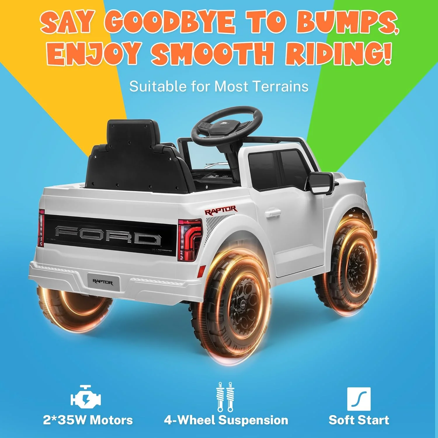 ماشین بازی فورد F-150 رپتور برقی 12 ولت ENYOPRO مناسب کودکان، کامیون سواری کودکانه با کنترل از راه دور، اسباب بازی سواری کودکانه با چراغ های LED، بلوتوث، رادیو، کمربند ایمنی، شروع نرم، فضای ذخیره سازی عقب (سفید)