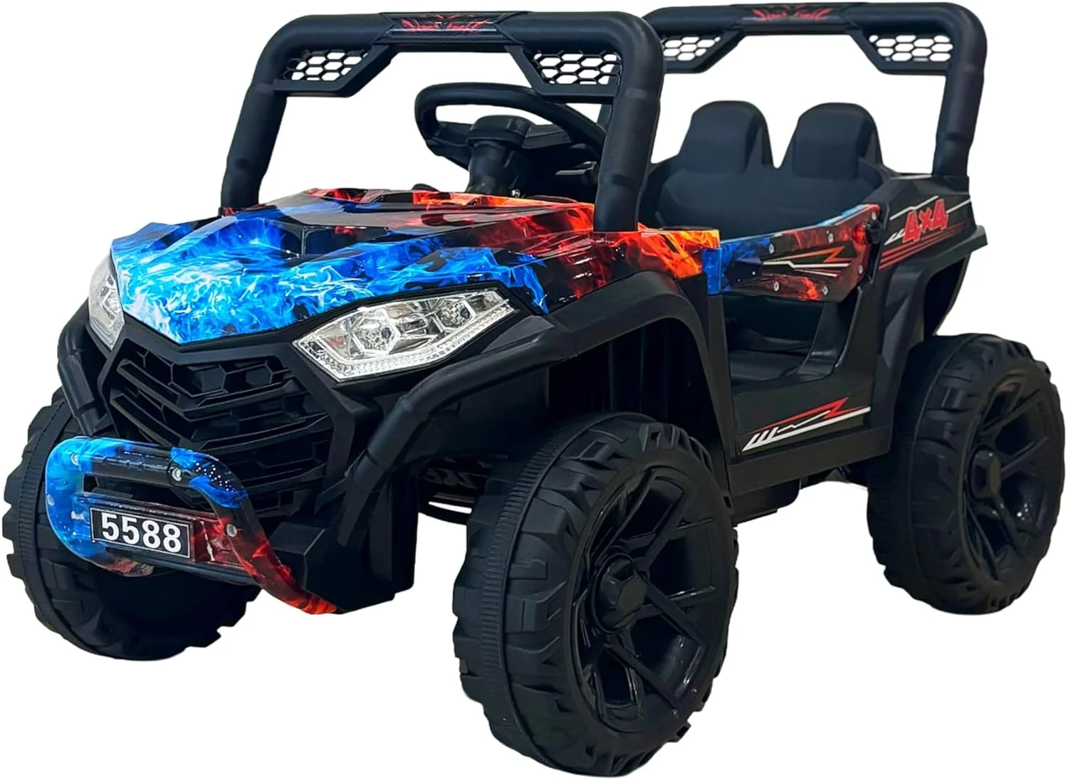 موتور چهار چرخ کودکانه برقی ATV، 12 ولت، چراغ های LED، مشکی با طرح شعله آبی مناسب 2 تا 5 سال
