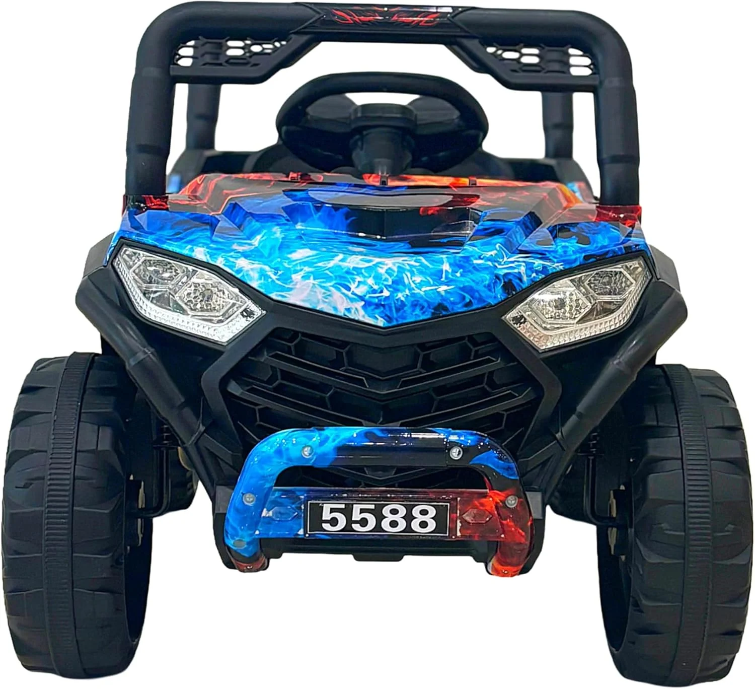 موتور چهار چرخ کودکانه برقی ATV، 12 ولت، چراغ های LED، مشکی با طرح شعله آبی مناسب 2 تا 5 سال