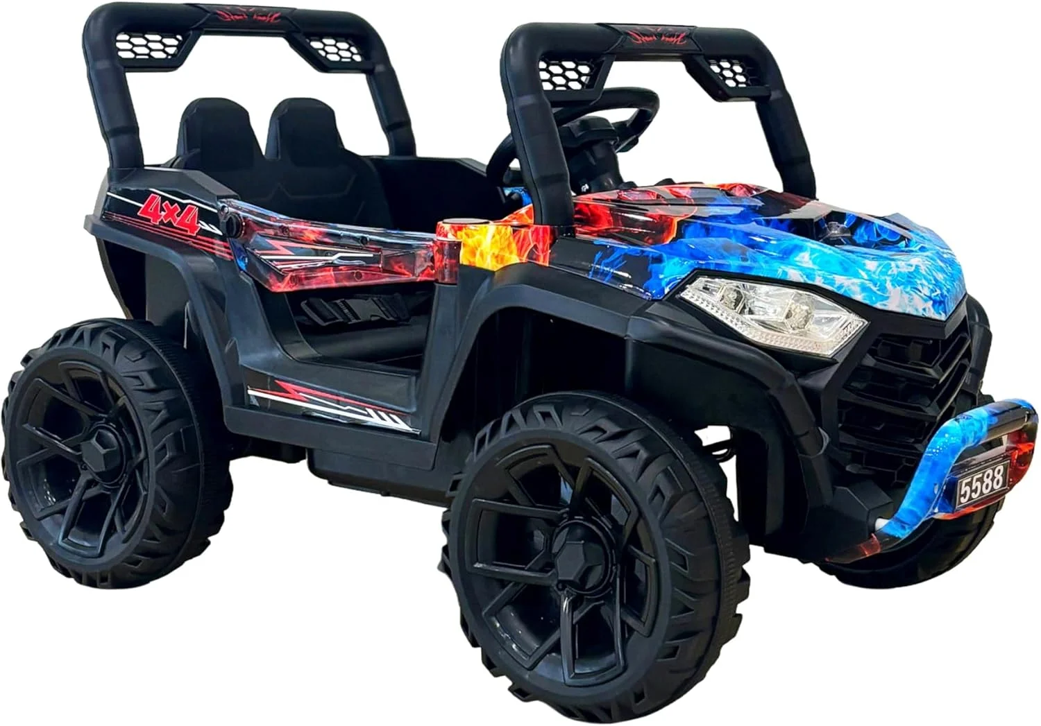 موتور چهار چرخ کودکانه برقی ATV، 12 ولت، چراغ های LED، مشکی با طرح شعله آبی مناسب 2 تا 5 سال