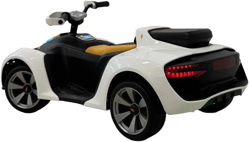 ماشین بازی کودکانه برقی 12 ولت، سفید و مشکی، چراغ های LED، طراحی اسپرت مناسب 3 تا 6 سال