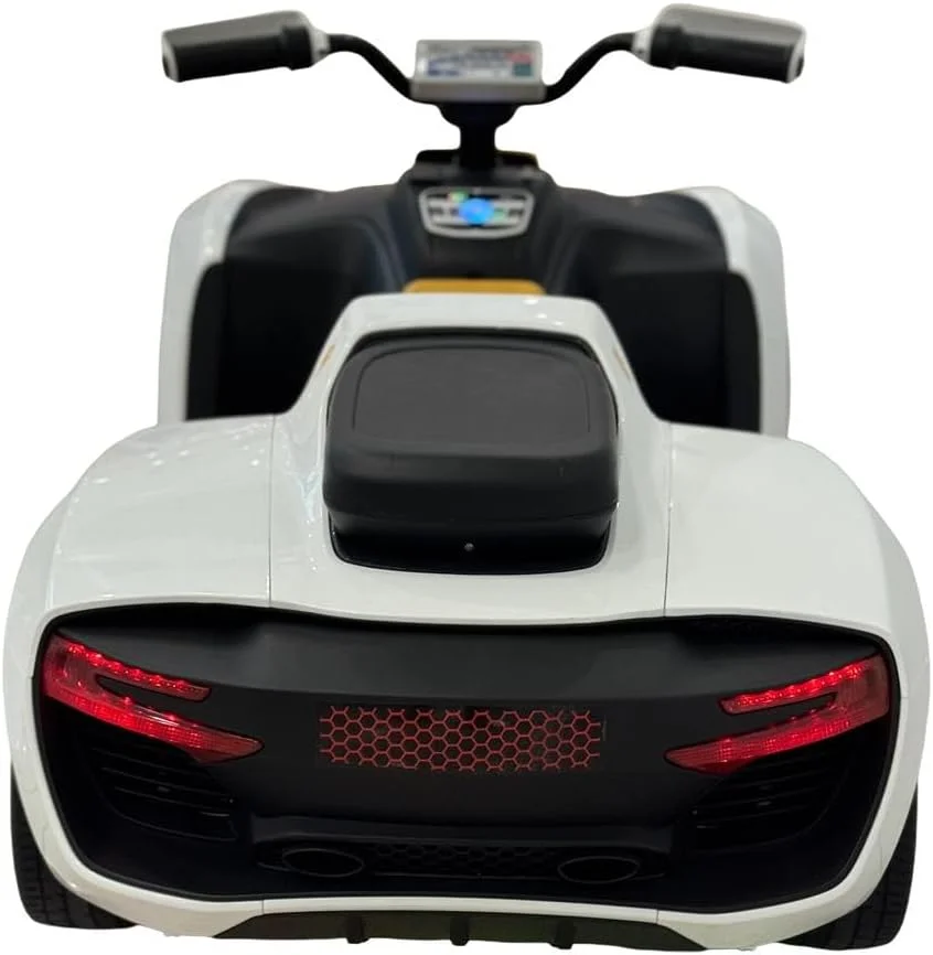 ماشین بازی کودکانه برقی 12 ولت، سفید و مشکی، چراغ های LED، طراحی اسپرت مناسب 3 تا 6 سال