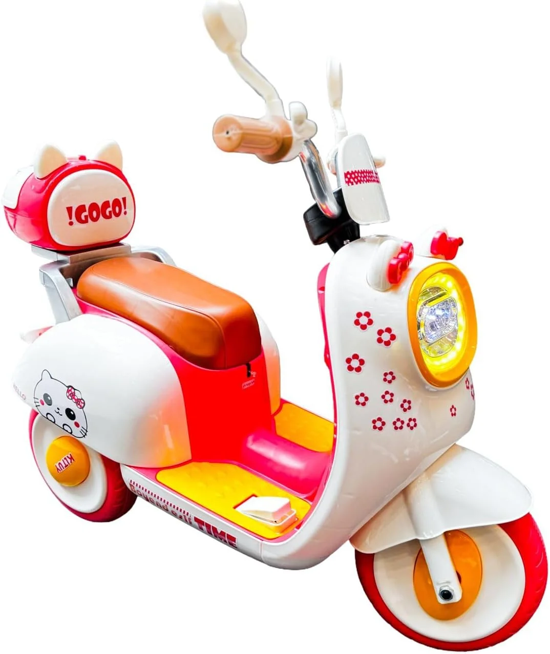 اسکوتر برقی کودکانه، طراحی ایتالیایی، رنگ های نارنجی سفید سبز، صندلی چرمی قهوه ای، سبک رترو با چراغ جلو LED، 5 سرعته 2-4 سال (صورتی)