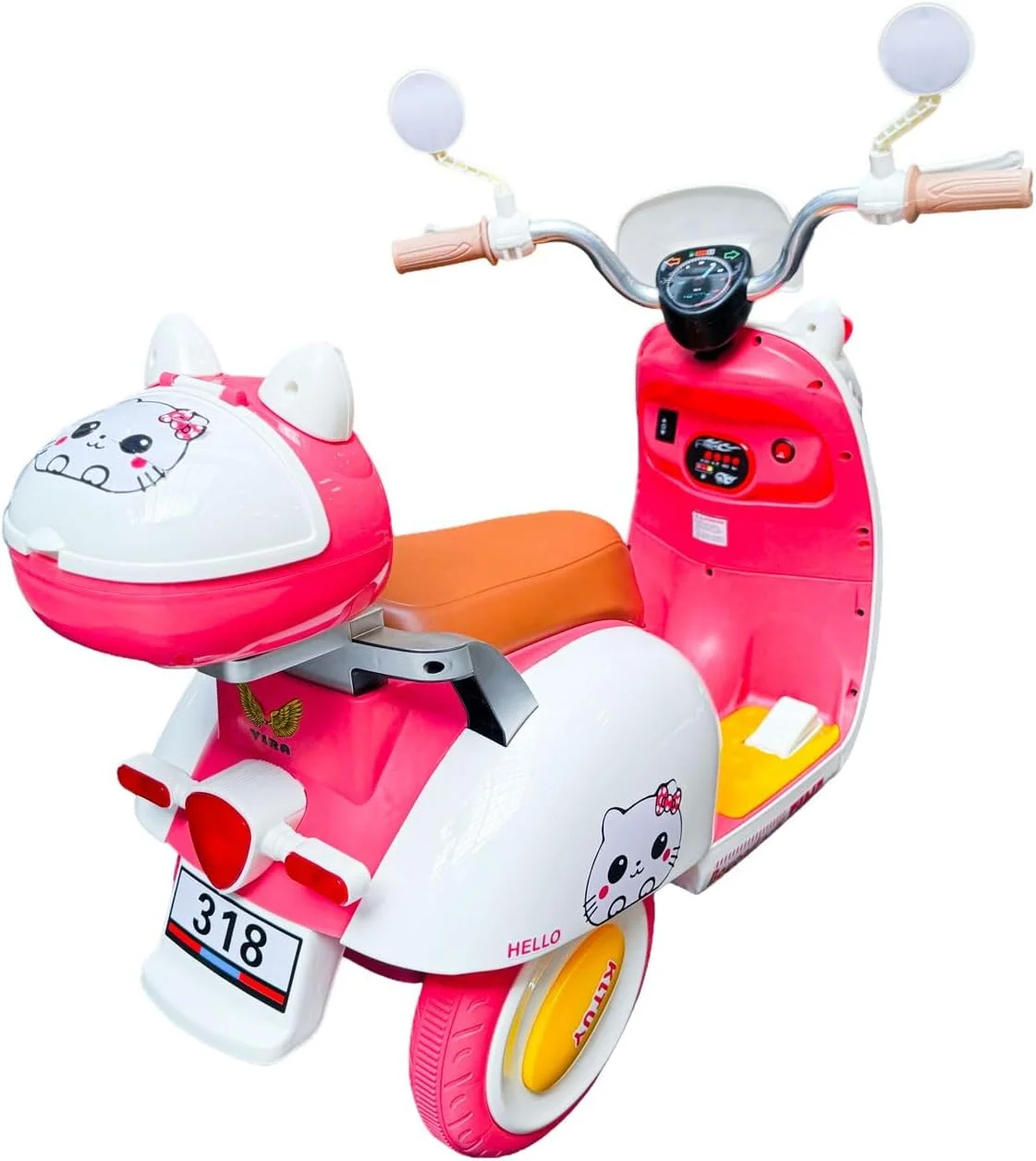 اسکوتر برقی کودکانه، طراحی ایتالیایی، رنگ های نارنجی سفید سبز، صندلی چرمی قهوه ای، سبک رترو با چراغ جلو LED، 5 سرعته 2-4 سال (صورتی)