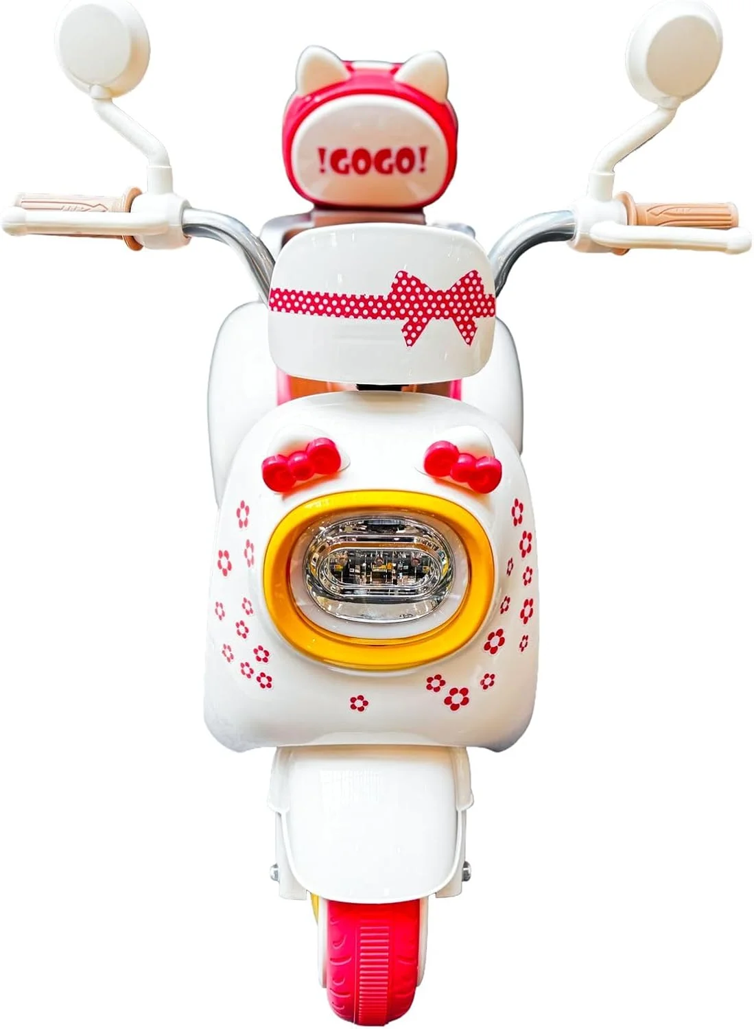 اسکوتر برقی کودکانه، طراحی ایتالیایی، رنگ های نارنجی سفید سبز، صندلی چرمی قهوه ای، سبک رترو با چراغ جلو LED، 5 سرعته 2-4 سال (صورتی)