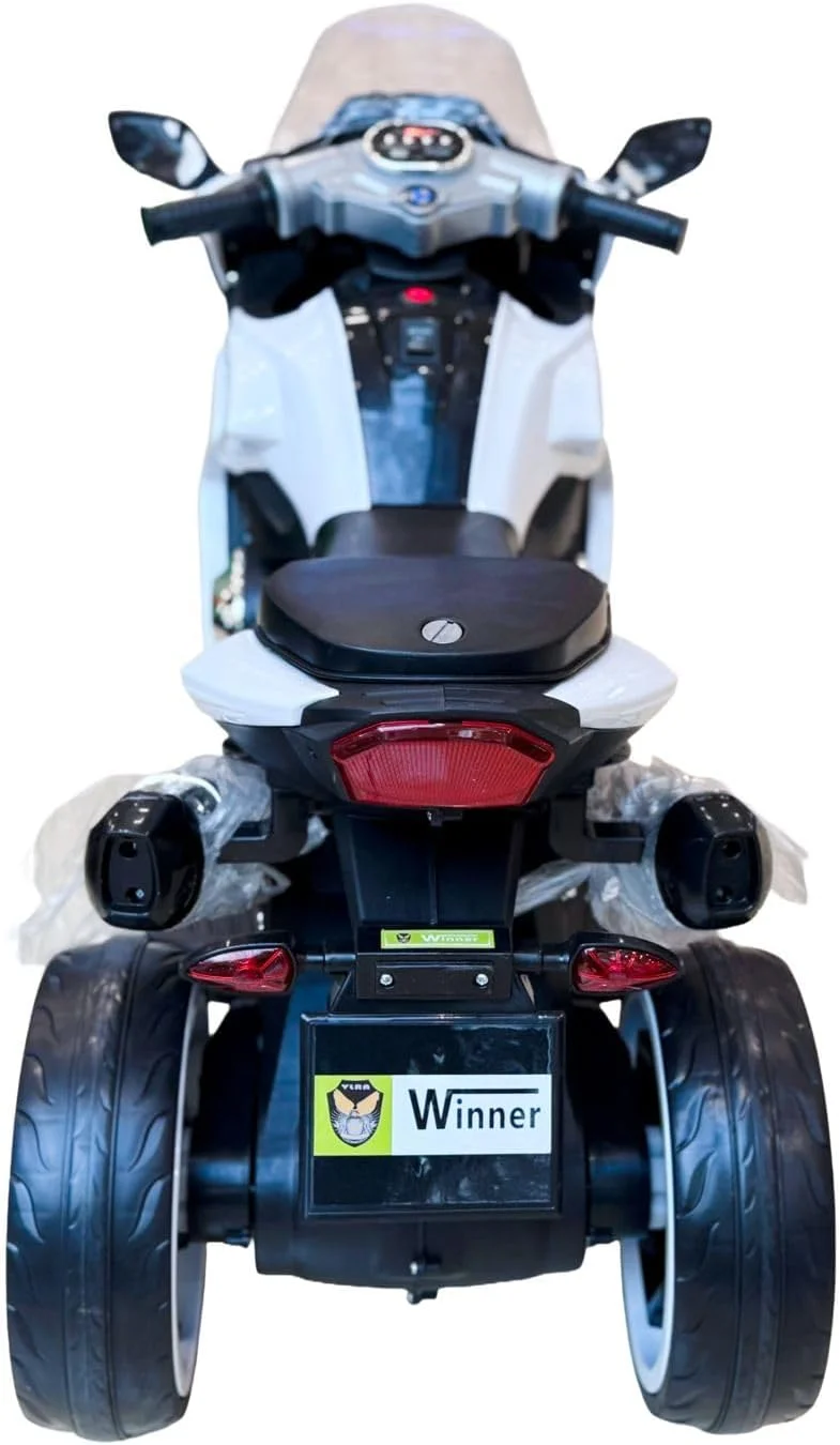 موتور سیکلت برقی کودک Winner، سفید، موتور اسپرت باتری خور با چراغ های LED، طراحی 3 چرخ مناسب 3-6 سال