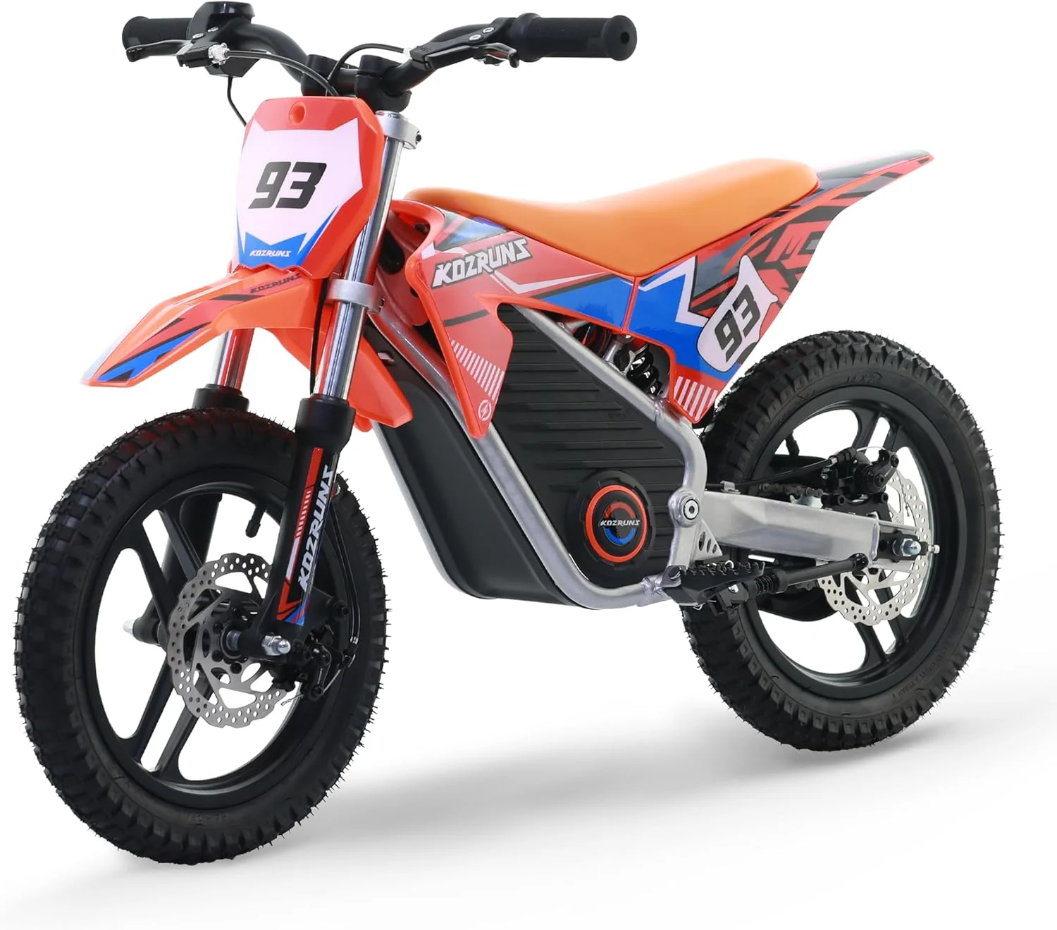 موتورسیکلت برقی مسابقه ای درجه یک برای کودکان، موتور سیکلت قدرتمند 500 واتی برای سنین 5 تا 10 سال، باتری لیتیومی 36 ولت 5.2 آمپر ساعت، جذب شوک دوگانه، 3 حالت سرعت، ترمز دیسکی ایمن، لاستیک های آفرود 14 اینچی، نارنجی