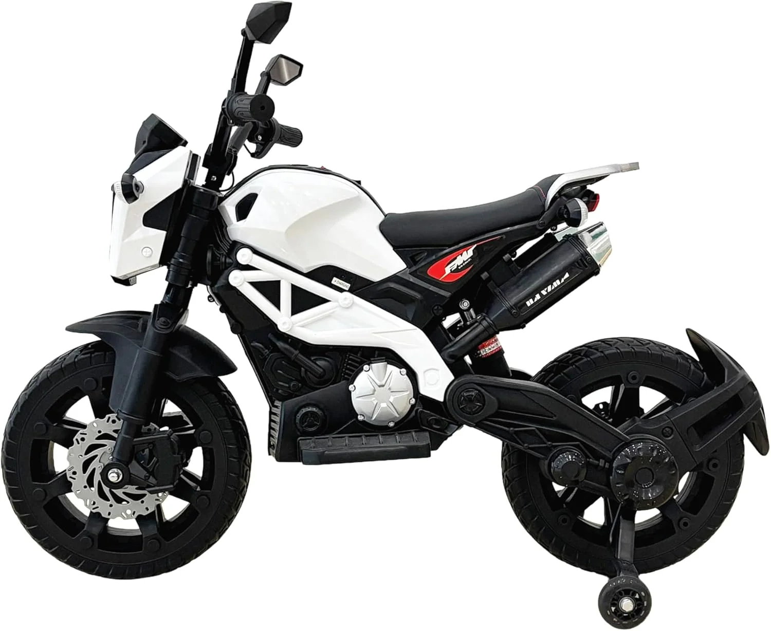 موتور سیکلت شارژی کودکانه، با باتری 12 ولت، سفید و مشکی، به همراه چرخ های کمکی مناسب 3 تا 6 سال