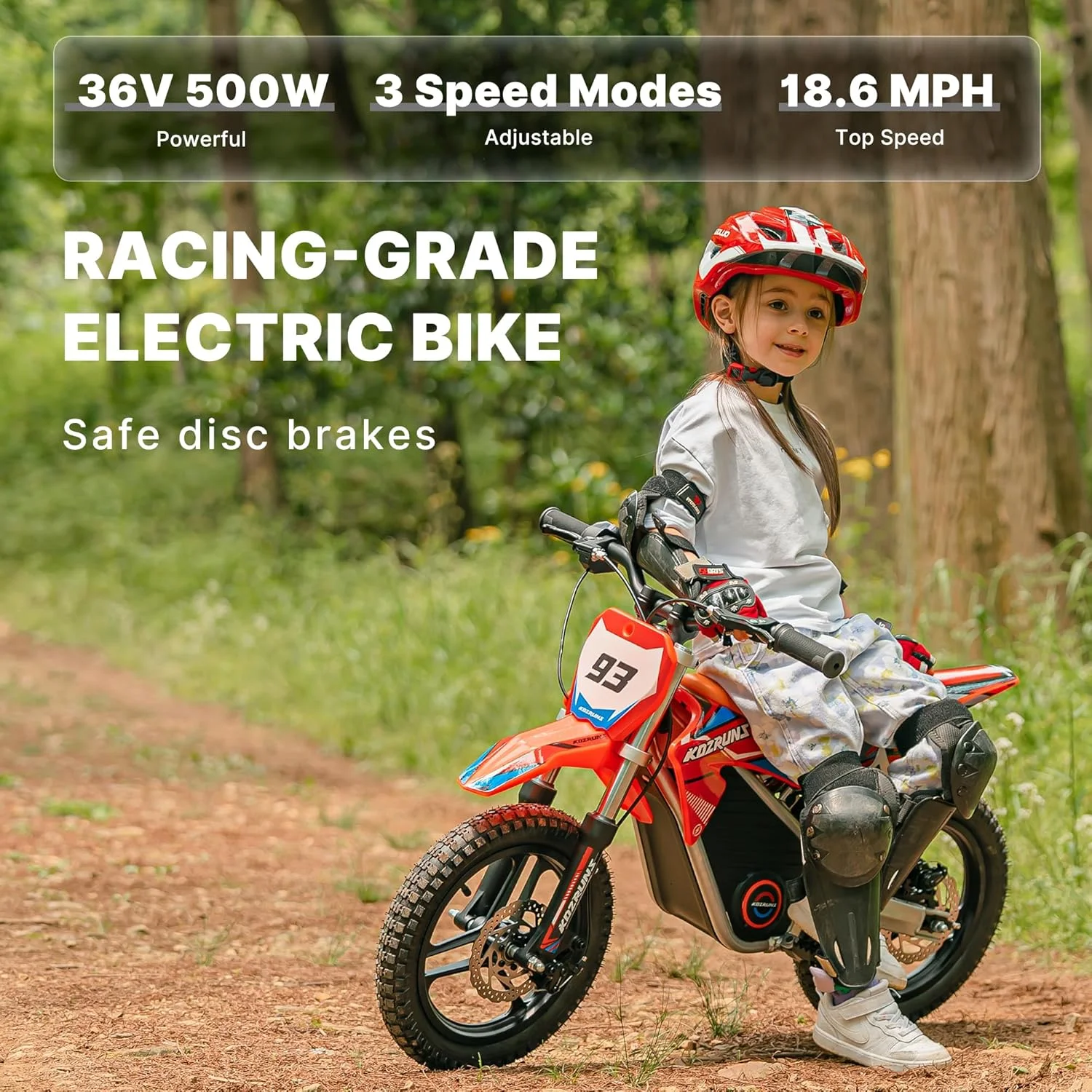 موتورسیکلت برقی مسابقه ای درجه یک برای کودکان، موتور سیکلت قدرتمند 500 واتی برای سنین 5 تا 10 سال، باتری لیتیومی 36 ولت 5.2 آمپر ساعت، جذب شوک دوگانه، 3 حالت سرعت، ترمز دیسکی ایمن، لاستیک های آفرود 14 اینچی، نارنجی