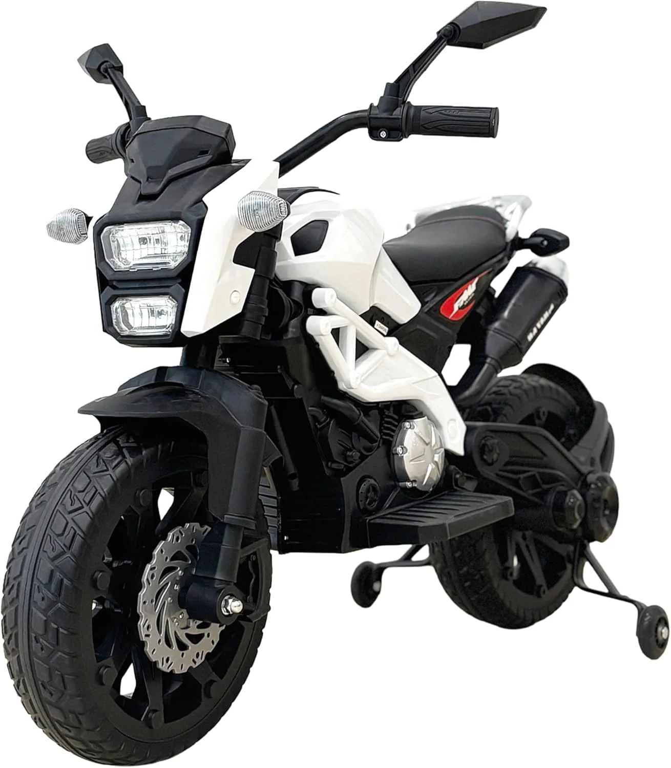 موتور سیکلت شارژی کودکانه، با باتری 12 ولت، سفید و مشکی، به همراه چرخ های کمکی مناسب 3 تا 6 سال