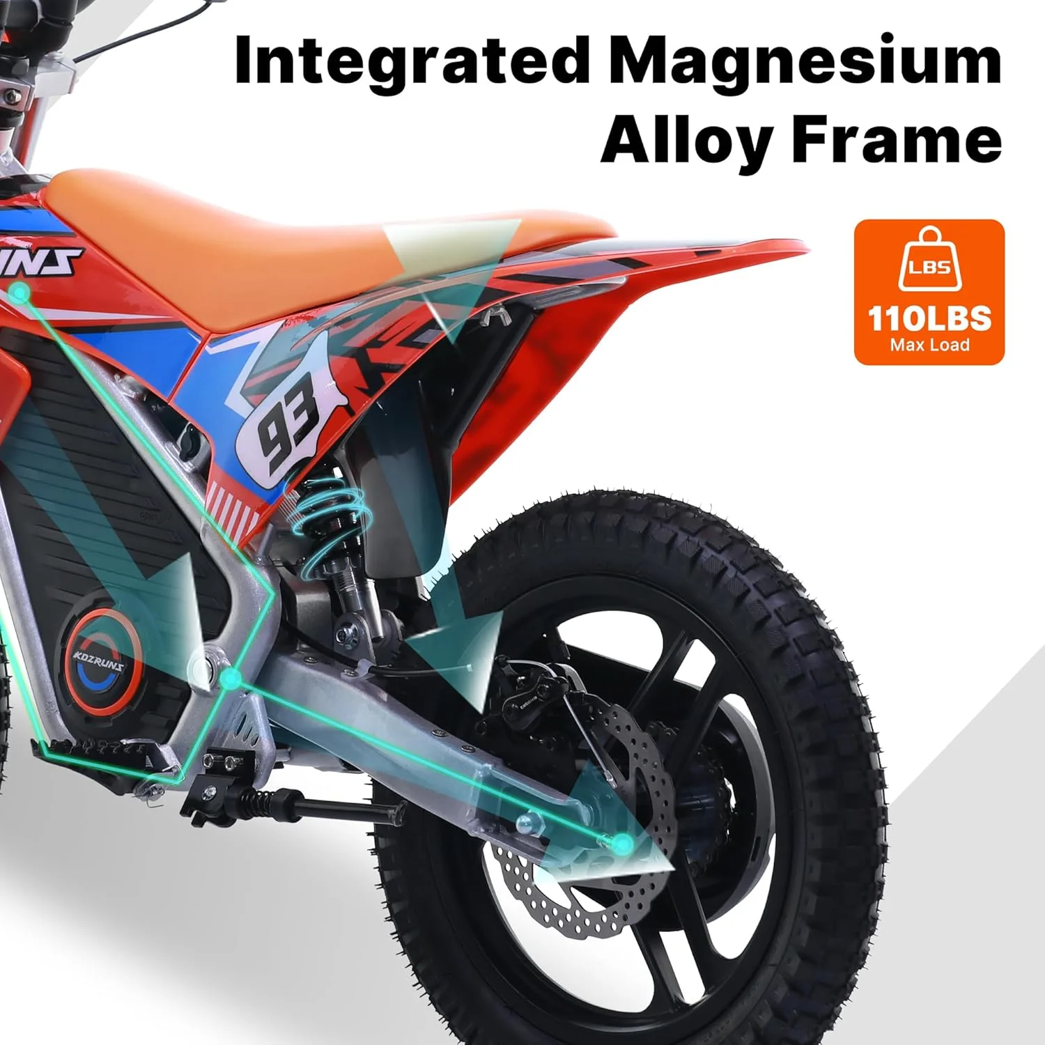 موتورسیکلت برقی مسابقه ای درجه یک برای کودکان، موتور سیکلت قدرتمند 500 واتی برای سنین 5 تا 10 سال، باتری لیتیومی 36 ولت 5.2 آمپر ساعت، جذب شوک دوگانه، 3 حالت سرعت، ترمز دیسکی ایمن، لاستیک های آفرود 14 اینچی، نارنجی