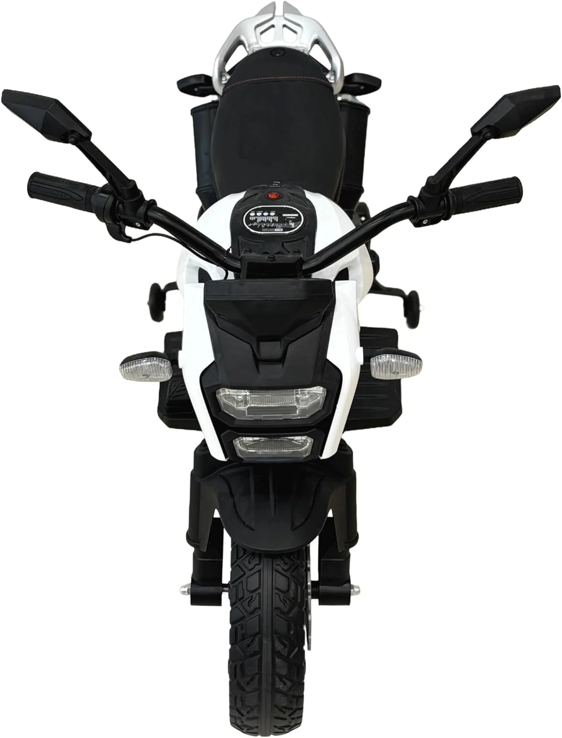 موتور سیکلت شارژی کودکانه، با باتری 12 ولت، سفید و مشکی، به همراه چرخ های کمکی مناسب 3 تا 6 سال