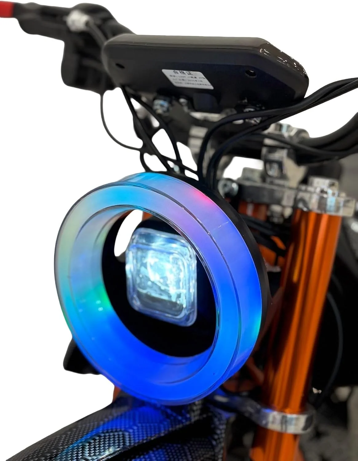 موتور سیکلت برقی آفرود کودکانه با چراغ جلو ال ای دی، فریم نارنجی و طرح شعله آبی و قرمز، ترمز دیسکی مناسب 7 تا 14 سال (مشکی)